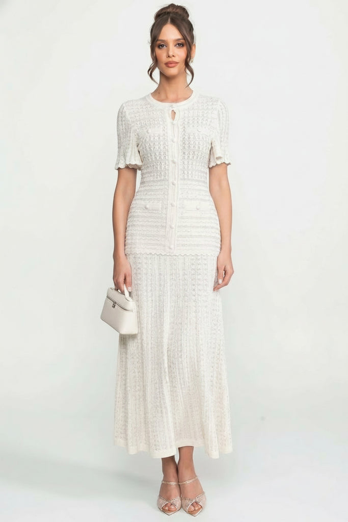Abito midi a maniche corte con texture in maglia shimmer - bianco 