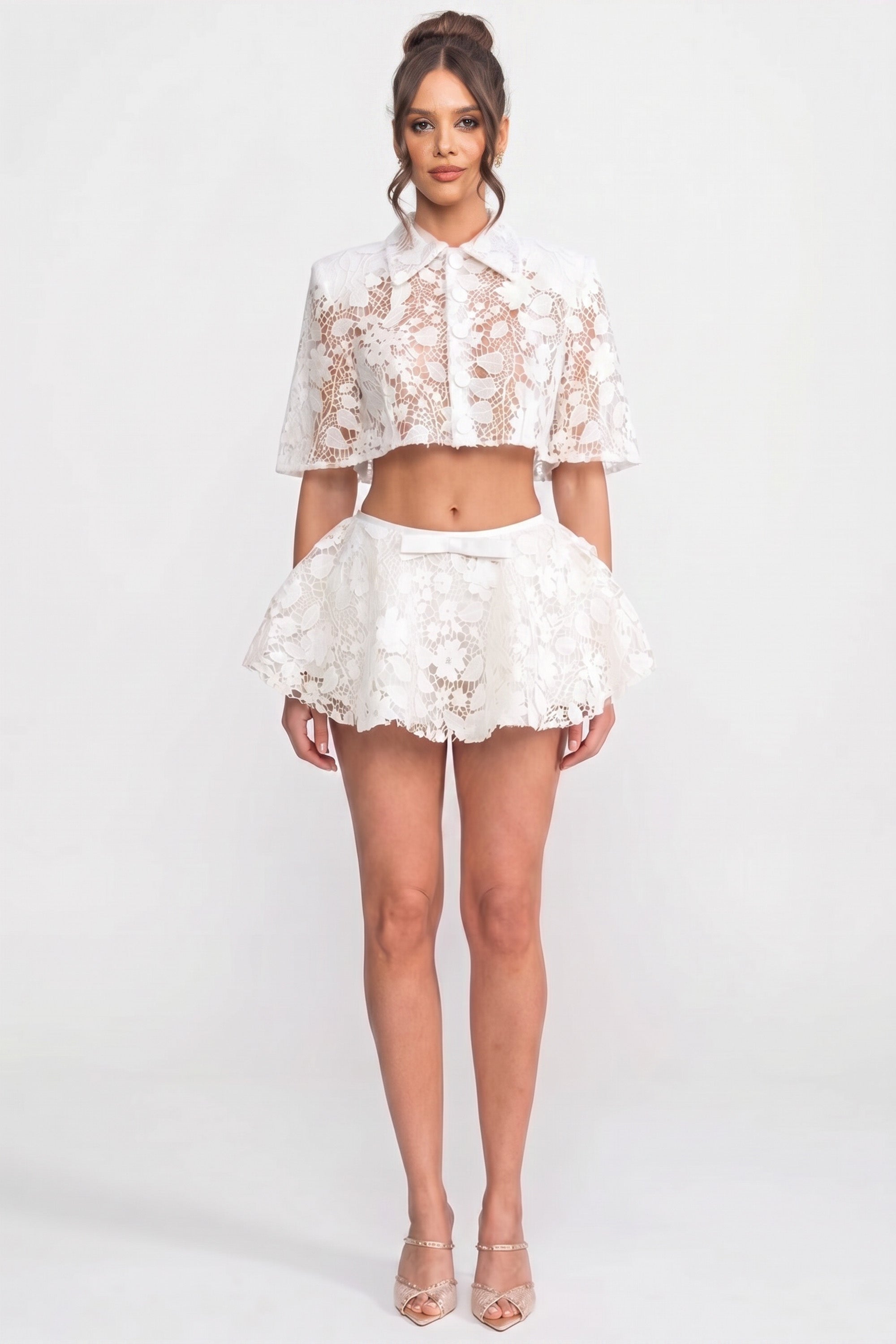 Lace Co-Ord Set With Button Cape And Bow Mini Skirt - White