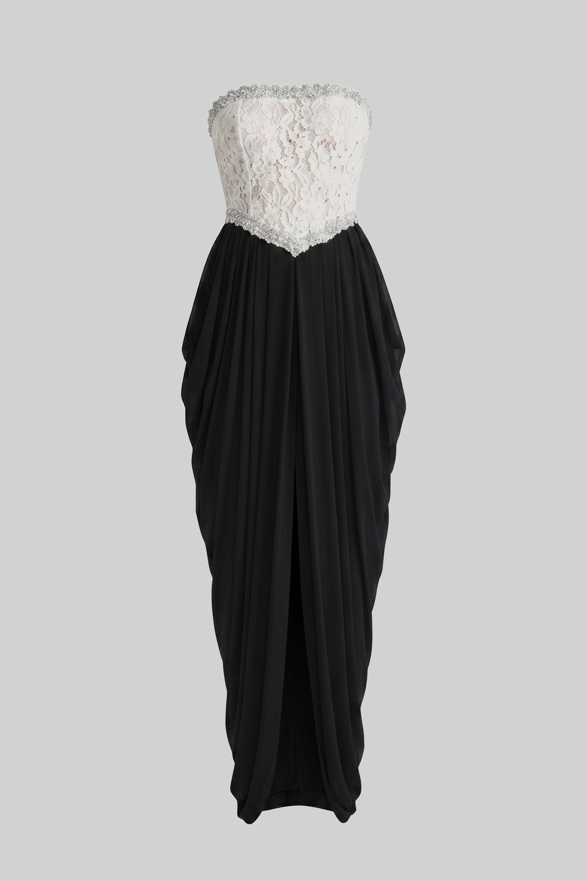 Abito senza spalline con corpino corsetto floreale 3D e gonna drappeggiata nera - White+Black 