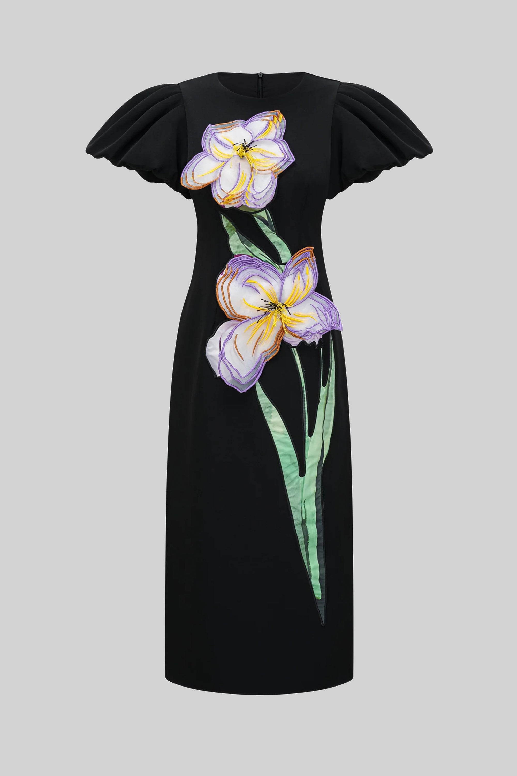 Abito Maxi Strutturato con Spalle Definite e Applicazione Floreale Iris 3D - Nero 