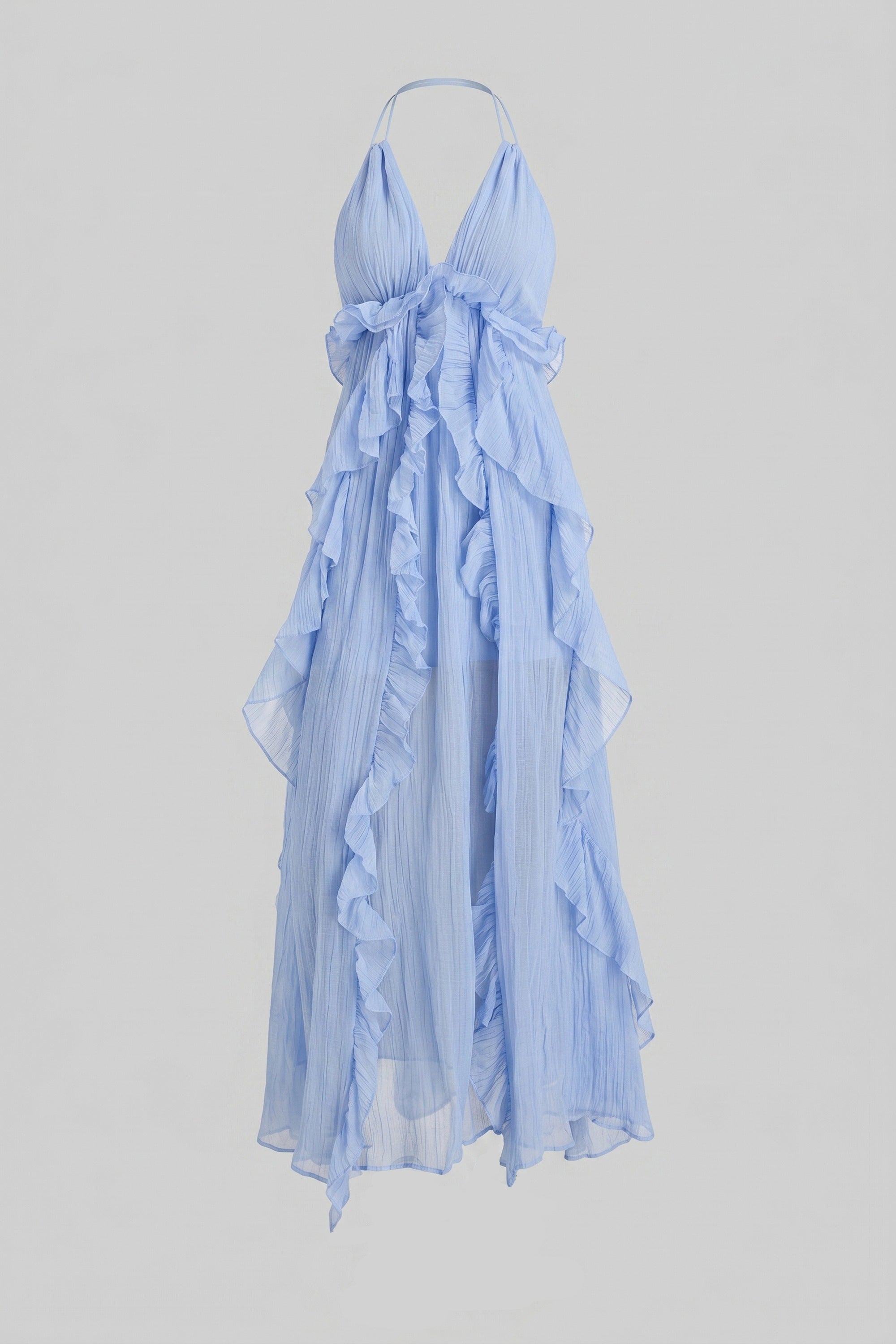 Abito Maxi con Scollo a V Profondo e Volant con Balze Asimmetriche Cascanti - Blu 