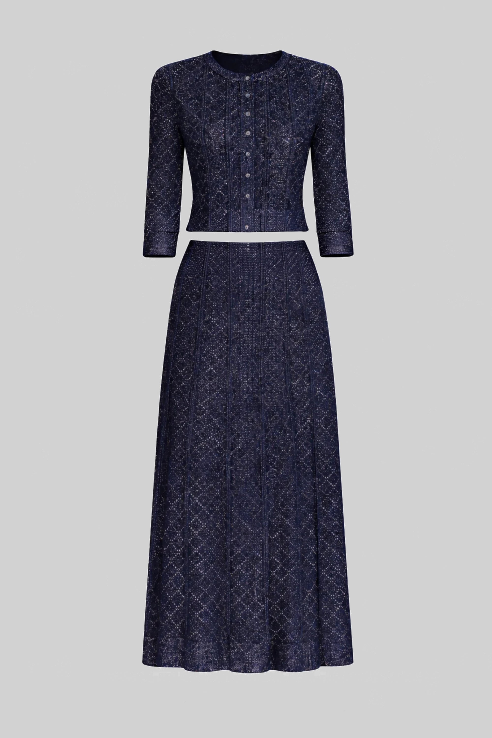Coordinato in pizzo con motivo a ромbi, maniche lunghe e gonna maxi - Navy 