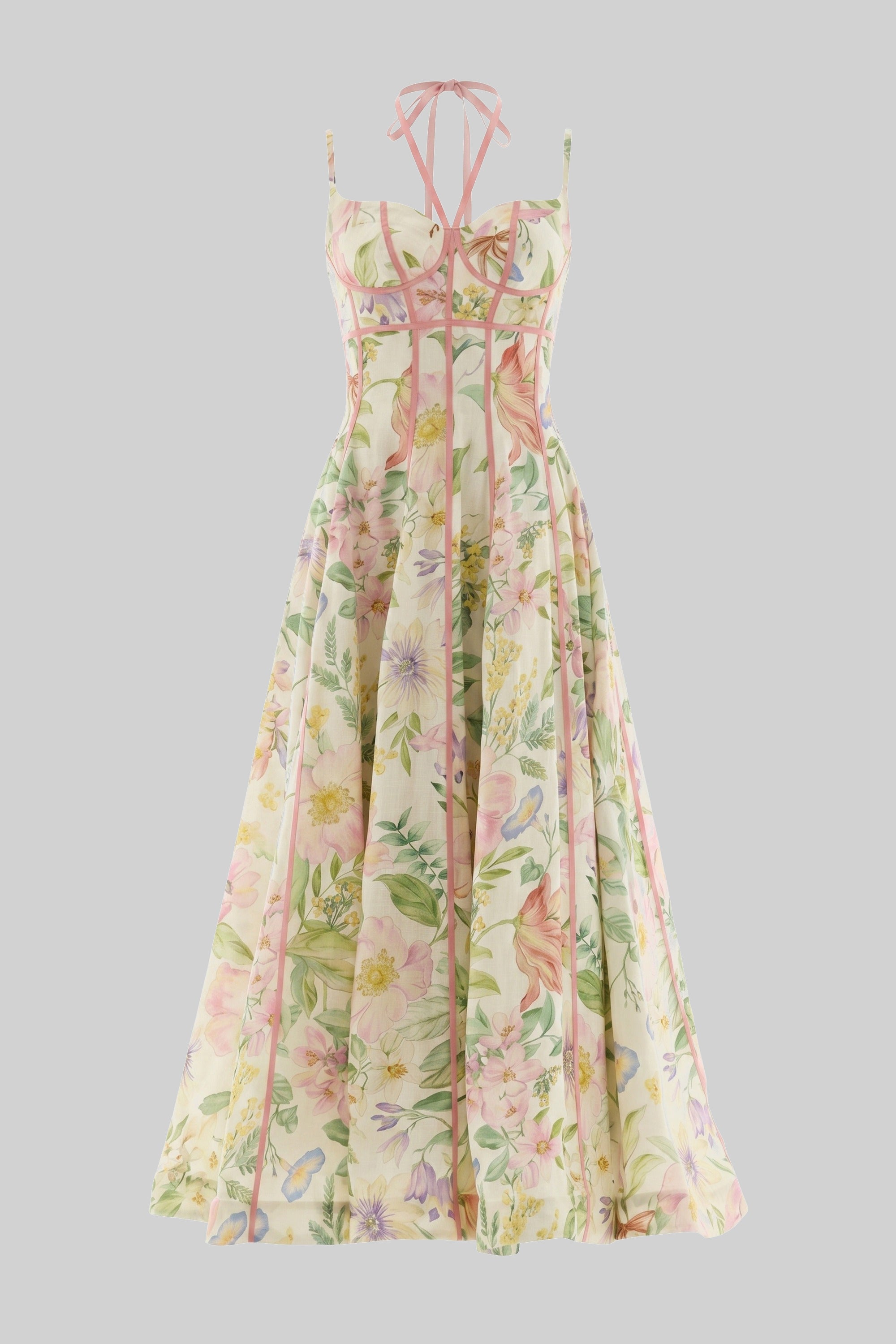 Abito Midi Corsetto Sweetheart Con Stampa Floreale E Profilo In Nastro Rosa - Multicolore 