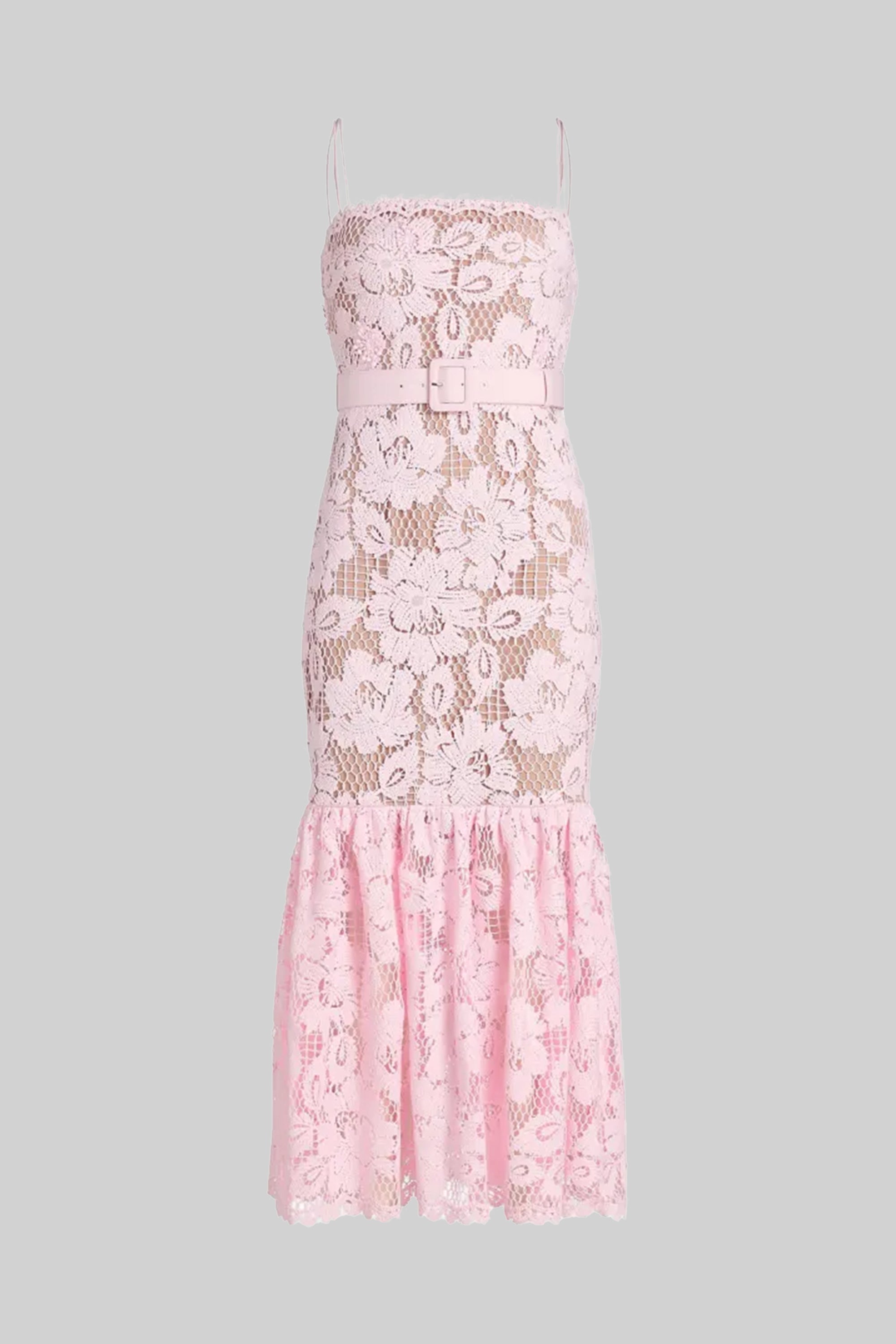 Abito Midi in pizzo con vita cinturata e orlo con balza - Rosa 