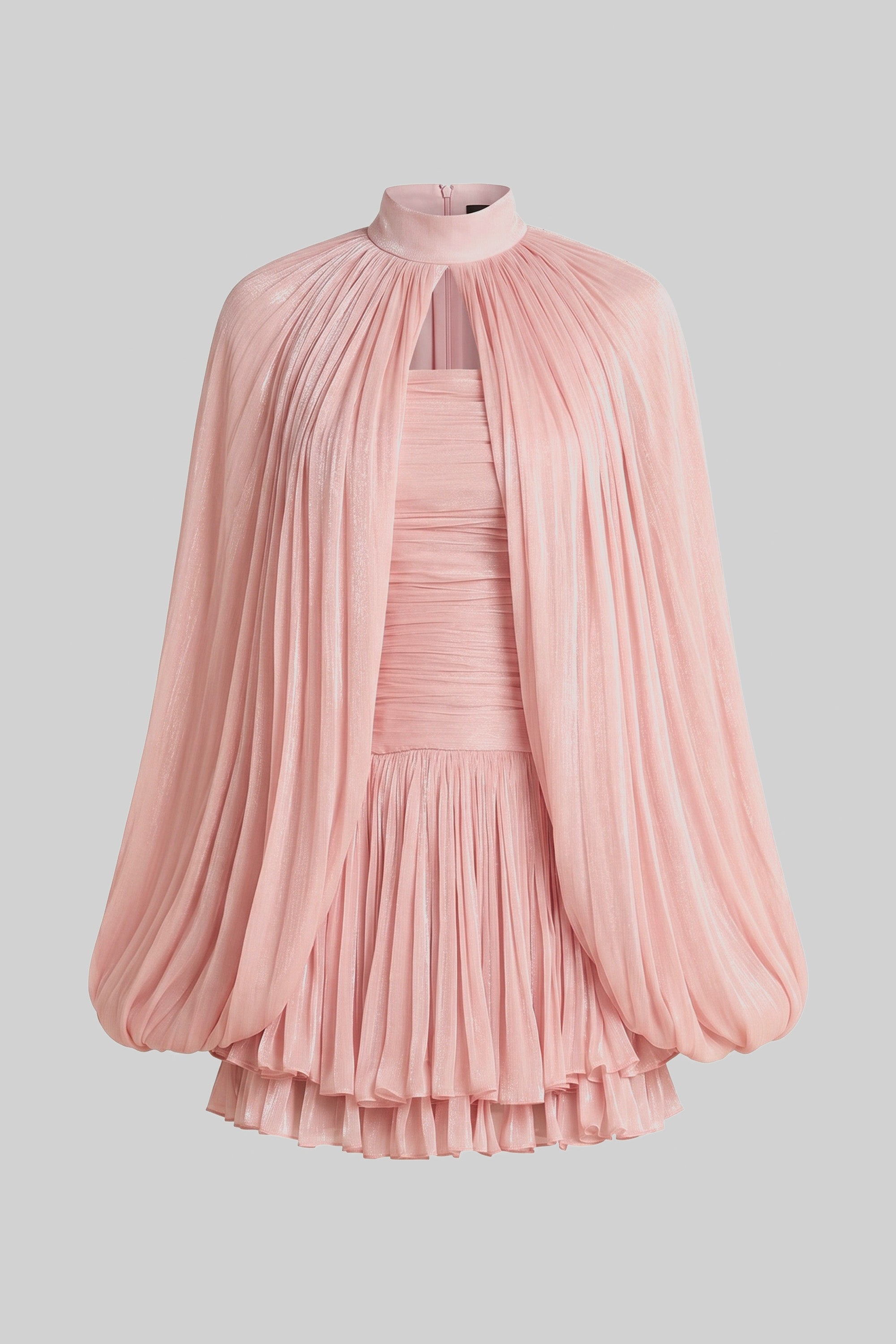 Abito mini con collo alto e maniche a palloncino con gonna plissettata - Rosa 
