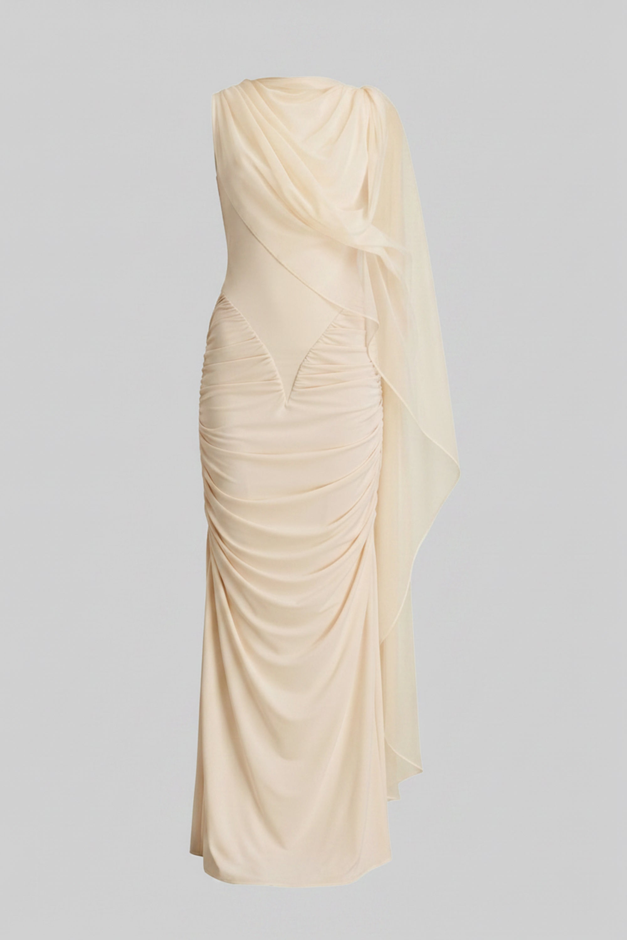 Abito maxi drappeggiato monospalla con dettaglio foulard trasparente - Giallo 