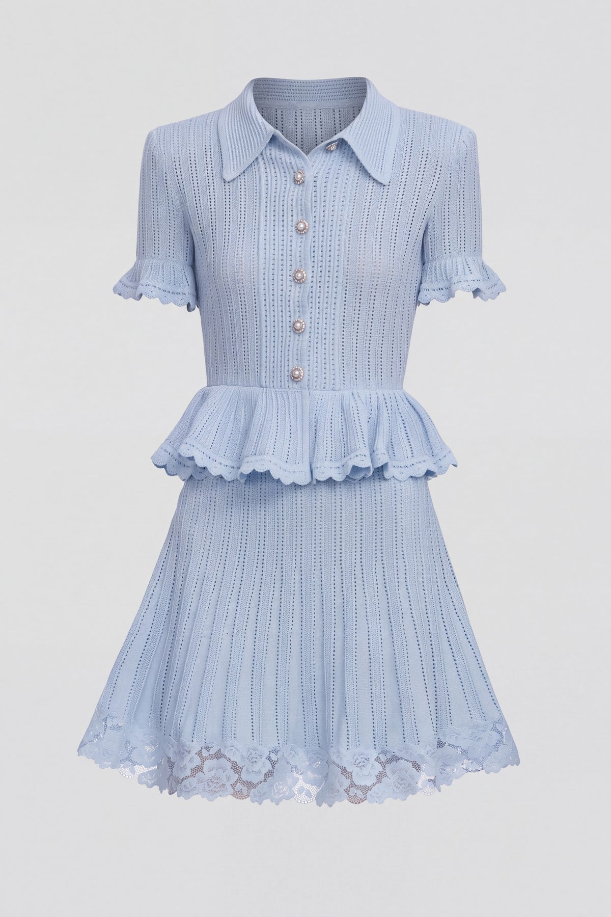 Polo-Collar with Button Top and Mini Skirt Set - Blue