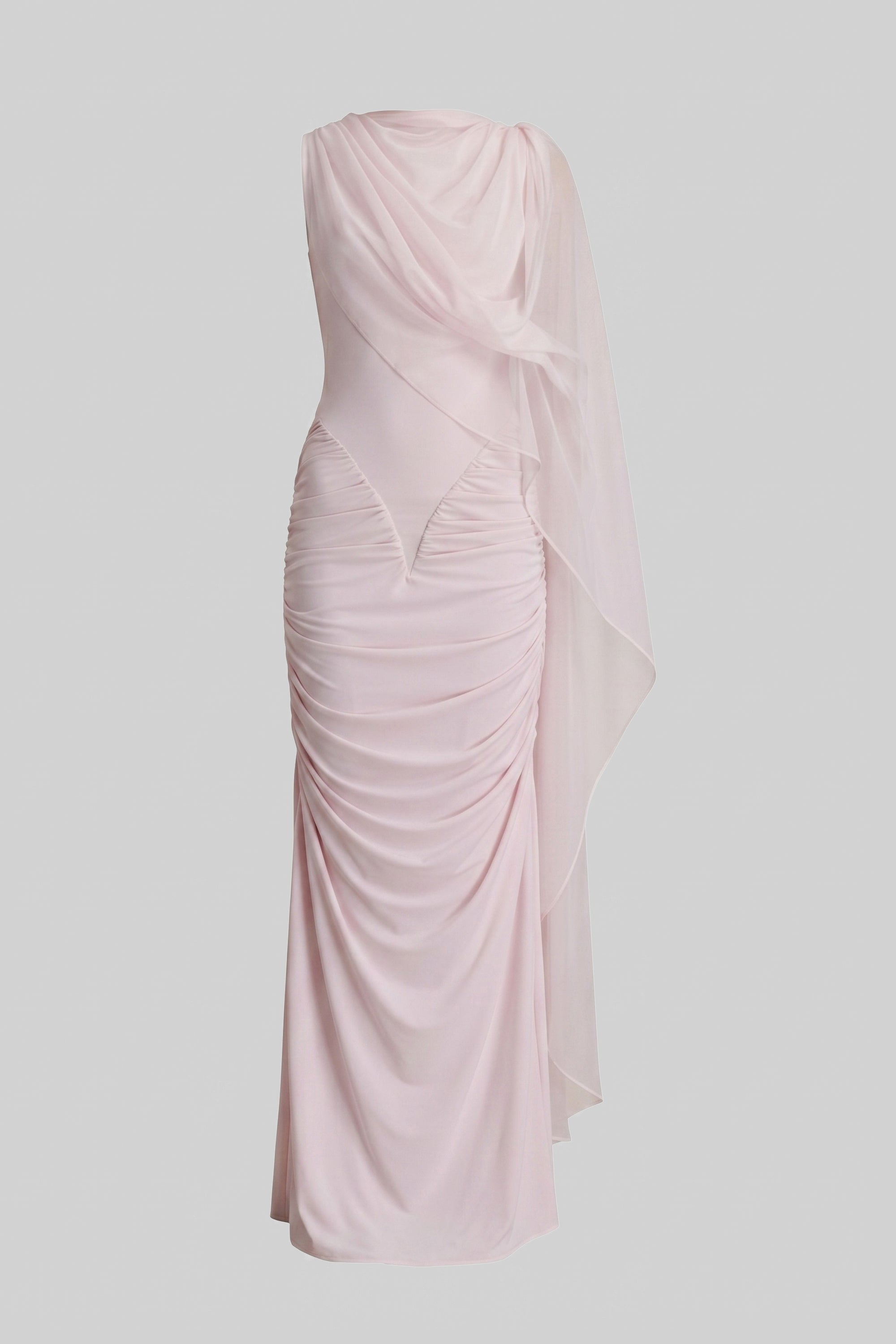 Abito Maxi Drappeggiato Monospalla con Dettaglio Sciarpa Trasparente - Rosa 