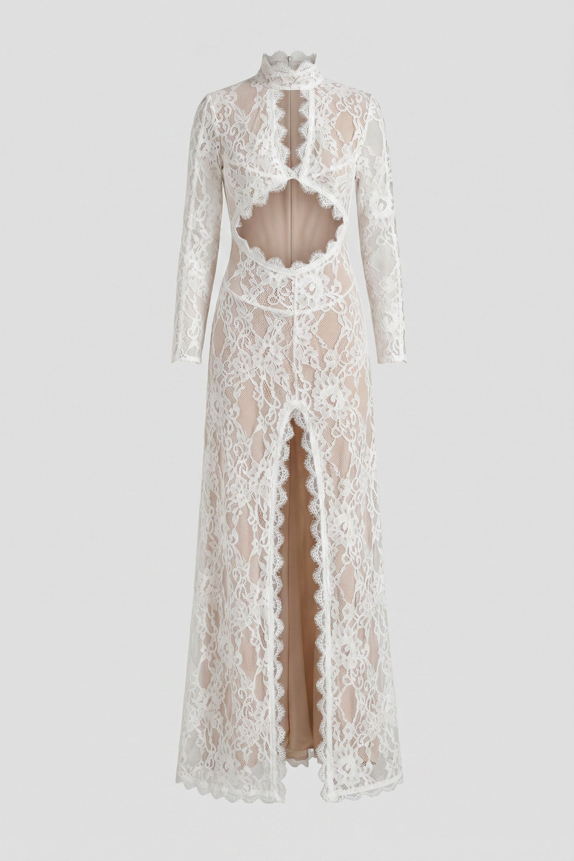 Elegante abito in pizzo con collo alto, cut-out frontale e spacco - bianco 