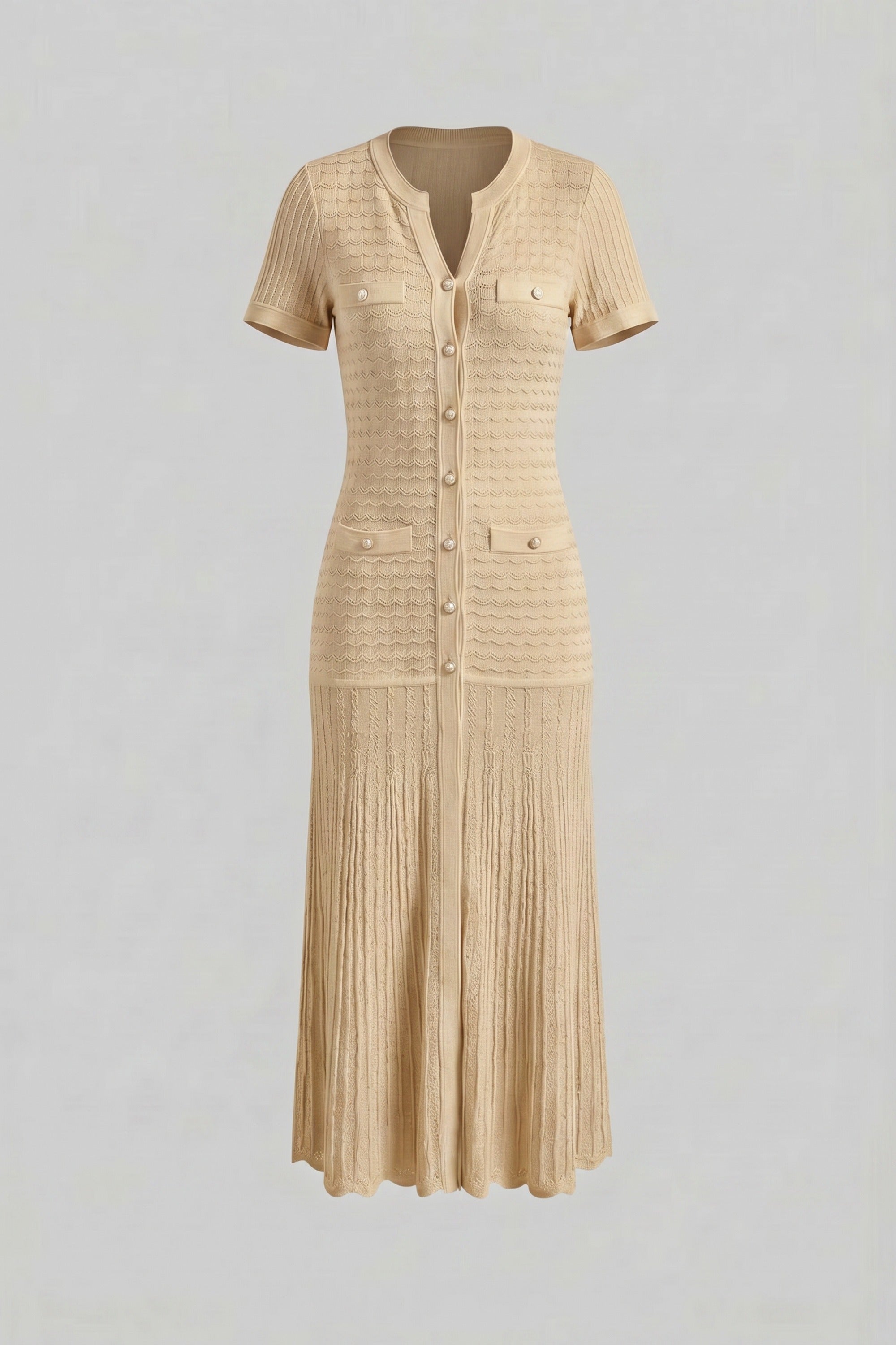 Abito midi a maniche corte con texture in maglia shimmer - Beige 