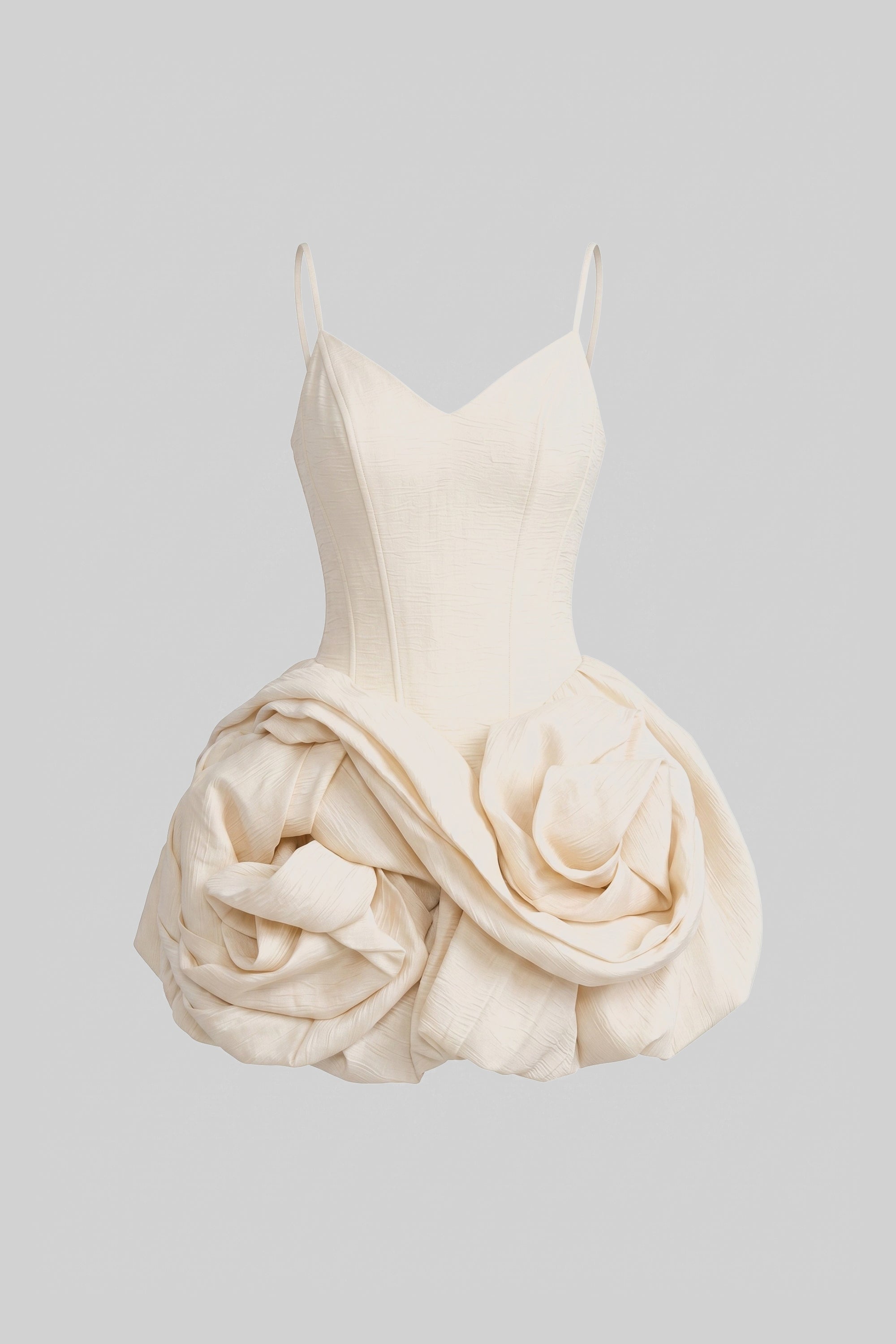 Miniabito in velluto con spalline sottili e gonna con rose 3D - Ivoire 