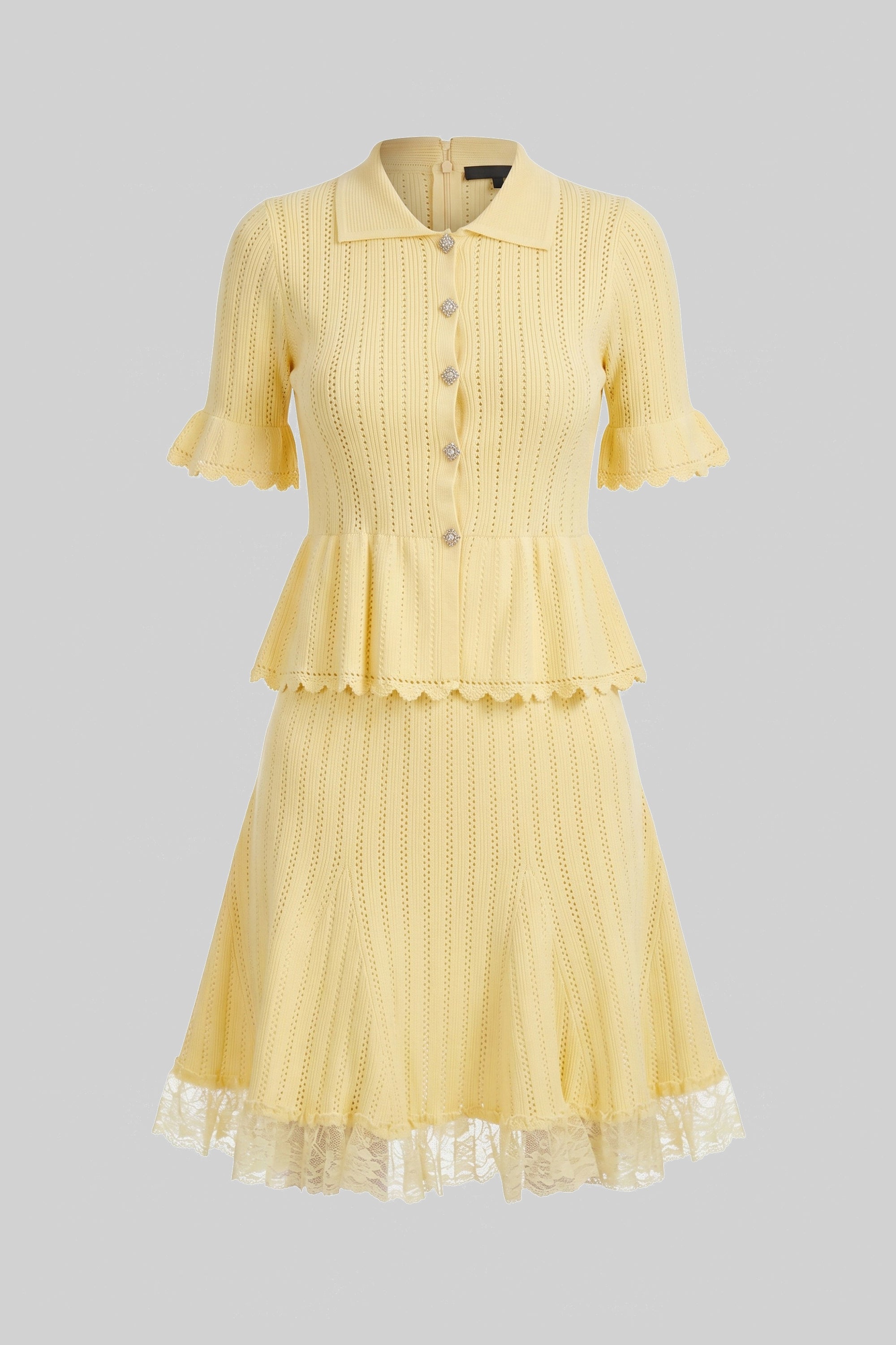 Abito Mini in Maglia con Colletto Peter Pan e Peplum con Orlo in Pizzo - Giallo 