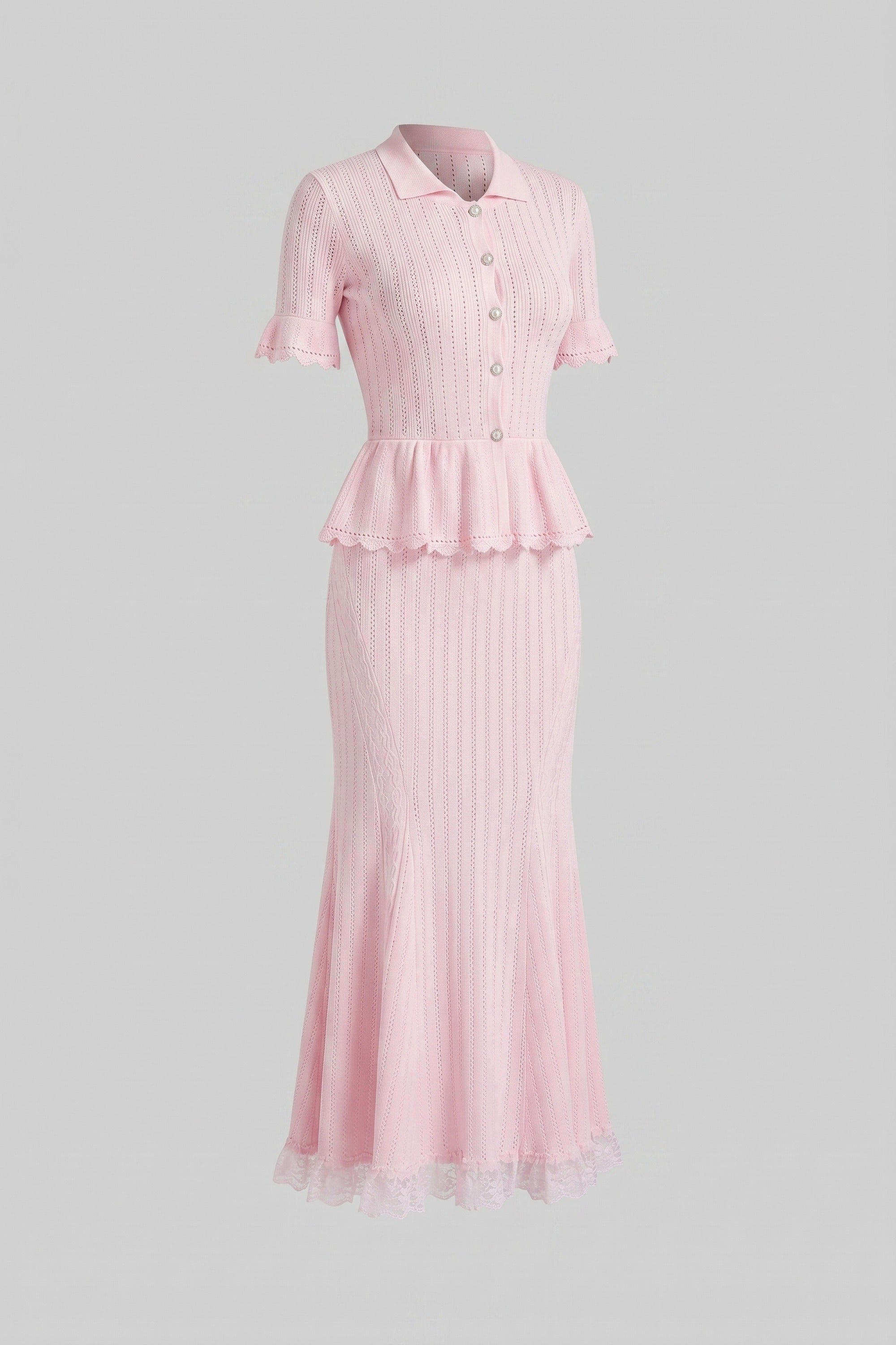 Abito Maxi Knit Peplum con Collo Peter Pan e Orlo in Pizzo - Rosa 