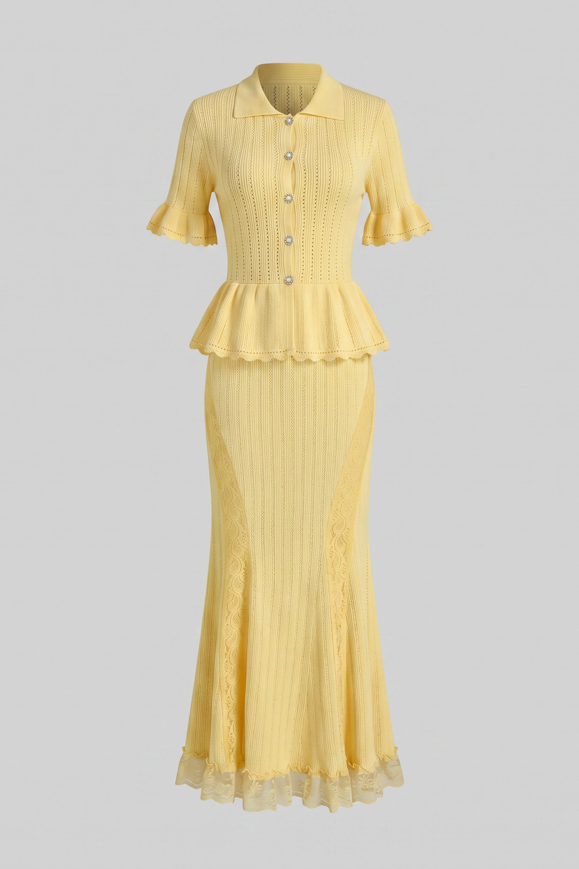 Peter-Pan Collar Knit Peplum Maxi Dress With Lace Hem - Yellow