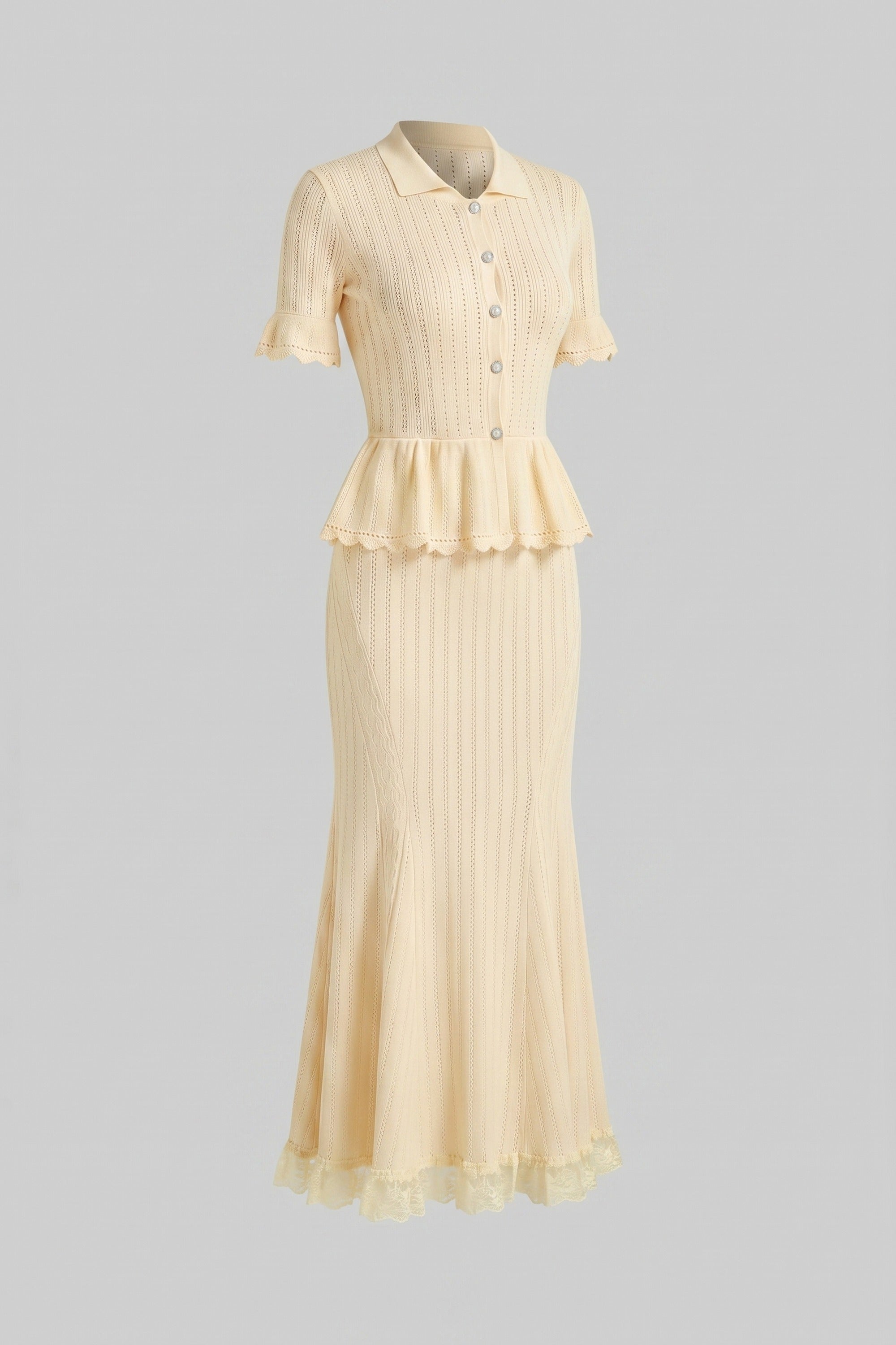 Abito Maxi in Maglia con Colletto Peter Pan e Peplum con Orlo in Pizzo - Giallo 
