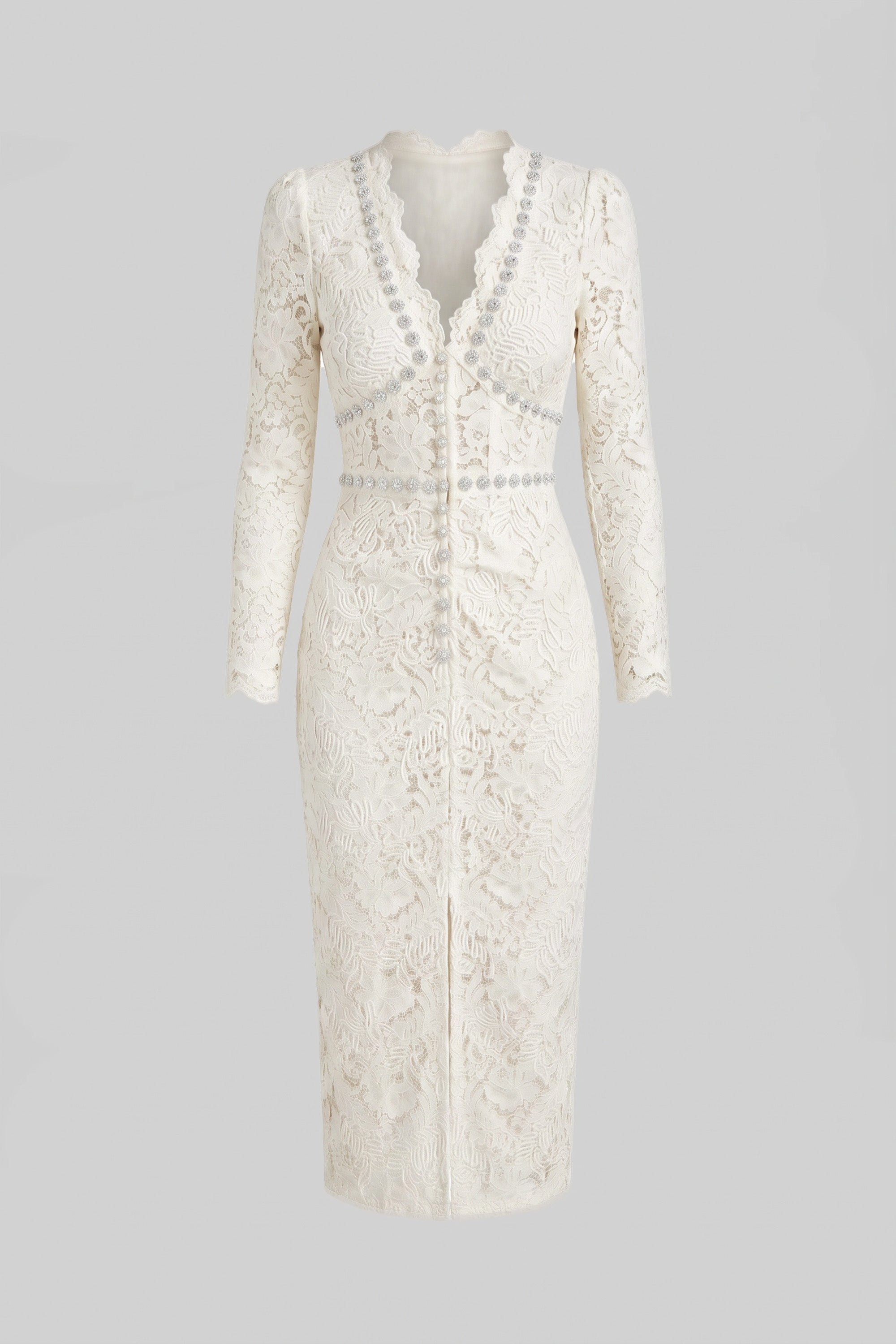 Abito midi in pizzo con scollo a V impreziosito da cristalli e dettaglio frontrale drappeggiato - Bianco 