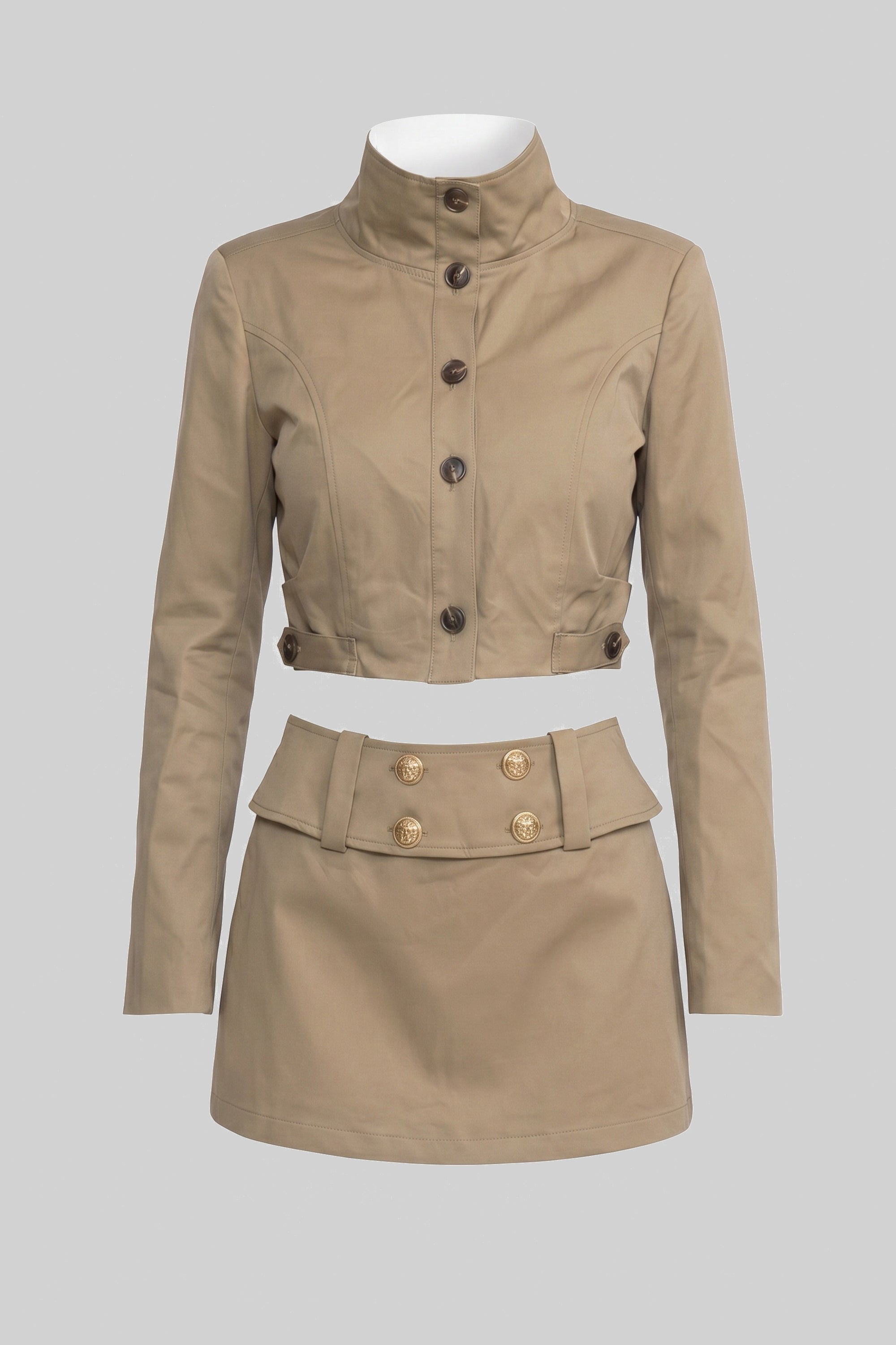 Completo coordinato con giacca cropped doppiopetto e minigonna - Khaki 
