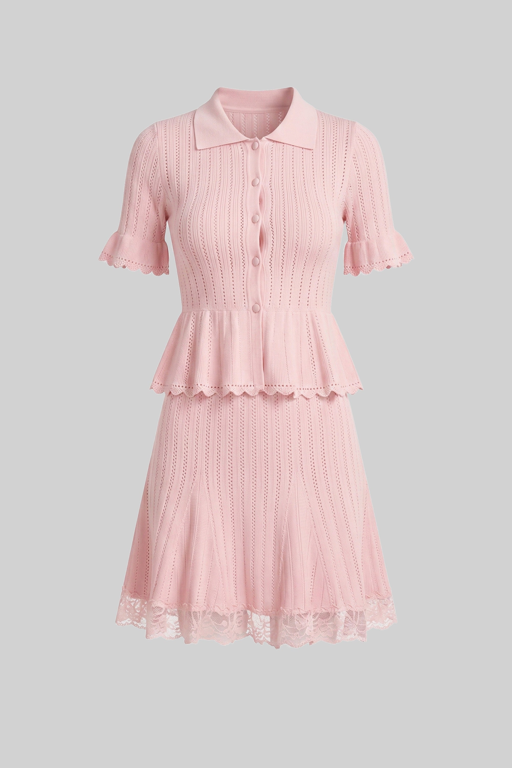 Mini abito in maglia con colletto Peter Pan e peplum con orlo in pizzo - Rosa 