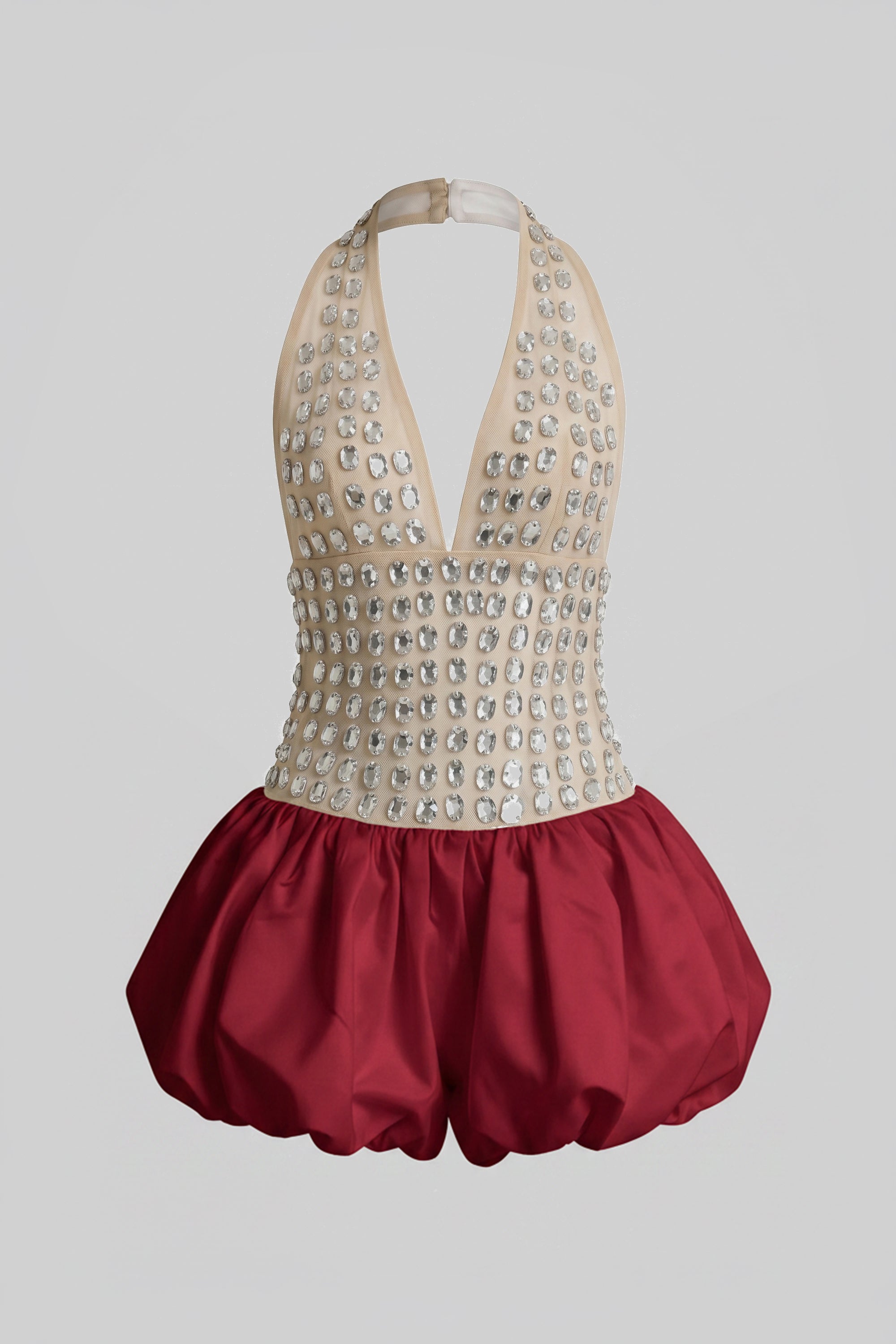 Abito Mini Halter con Gonna a Palloncino e Decorazioni in Cristalli - Rosso 