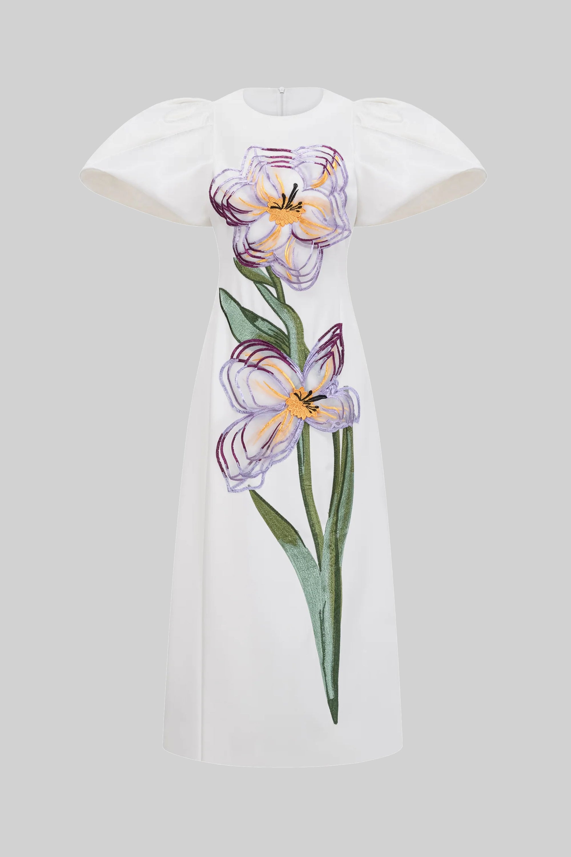 Abito Maxi Strutturato con Spalle e Applique Floreale Iris 3D - Bianco 
