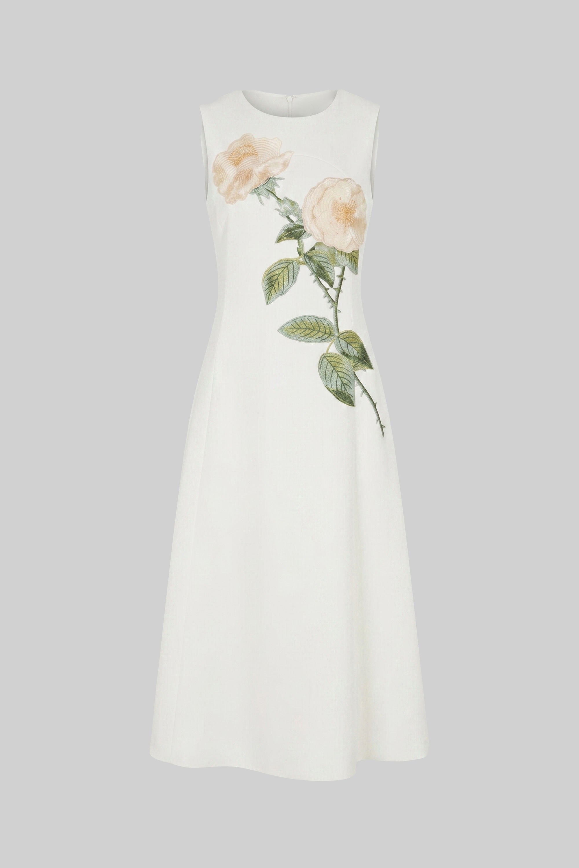 Abito midi senza maniche con applicazione floreale 3D e gonna ampia - White 