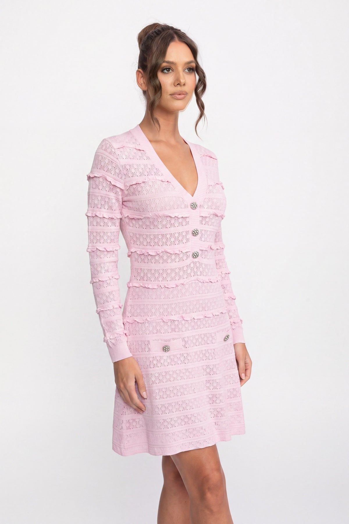 Abito in maglia svasato e aderente con bottoni frontali e bottoni in cristallo - Pink 