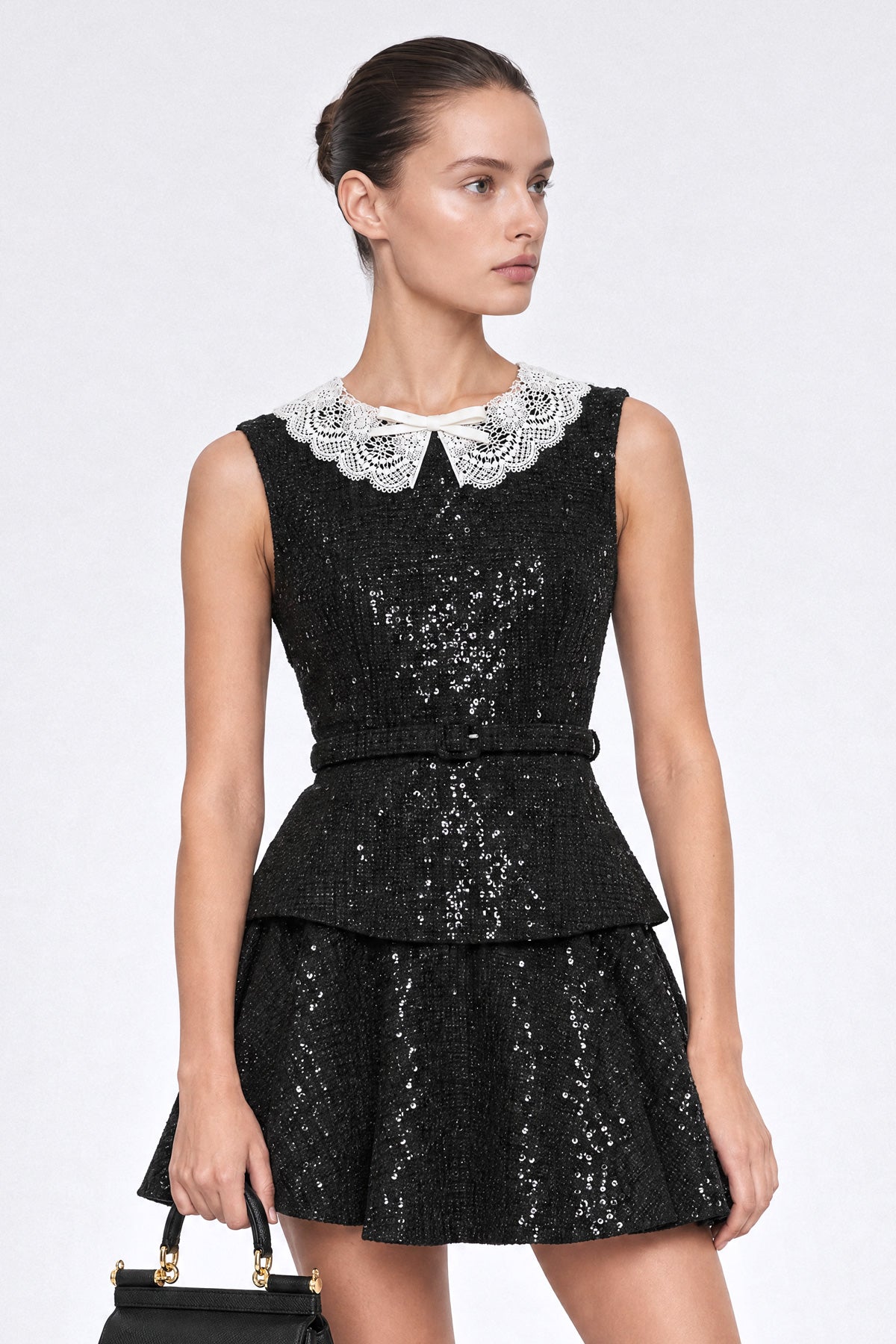 Mini abito peplum in tweed con paillettes - Nero 
