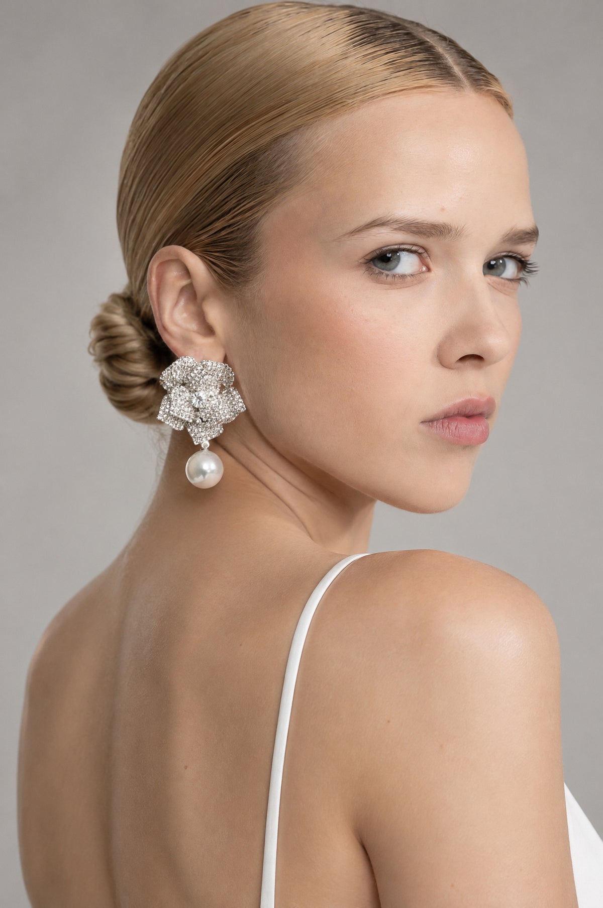 Crystal Camellia Pearl Drop Earrings - Silver