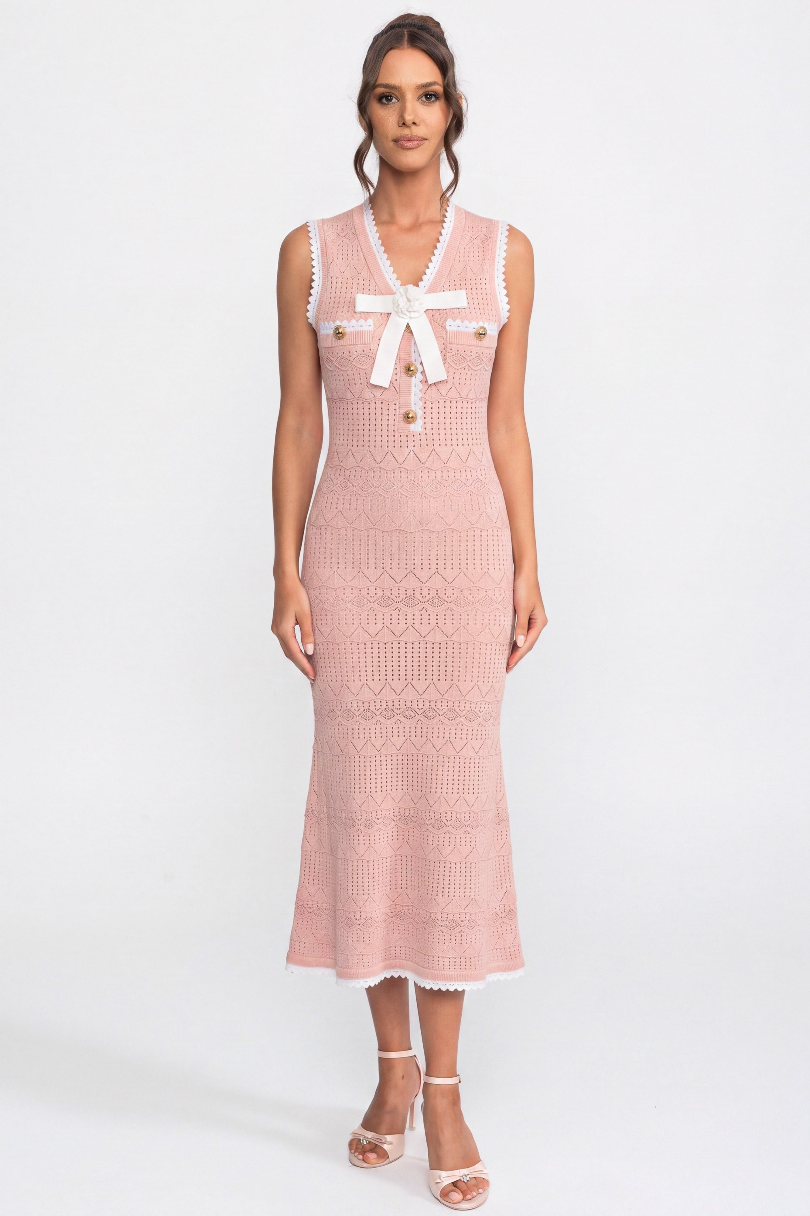 Abito Midi in Maglia Crochet con Bordo Nero e Fiocco - Rosa 