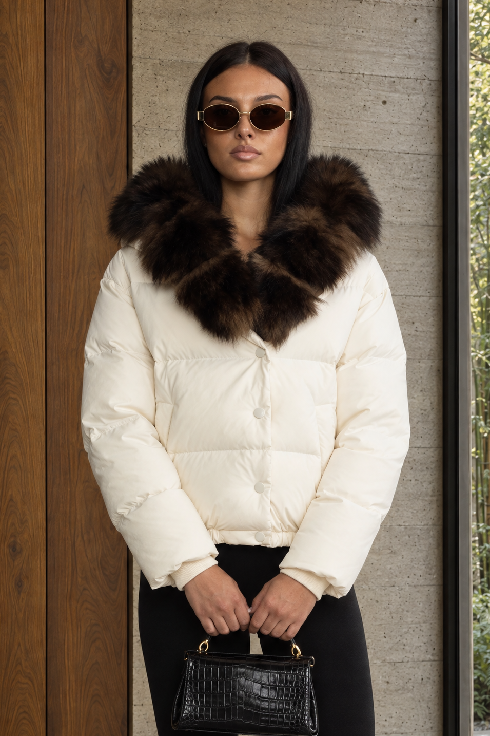 Fox Fur Hood Cropped Down Puffer Jacket - Ivoire
