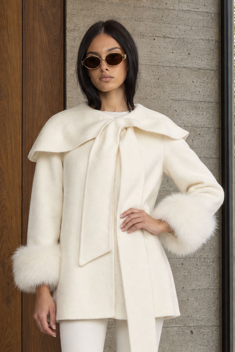 Capelet Collar Wool Jacket with Bow and Fur-Effect Cuffs - Ivoire