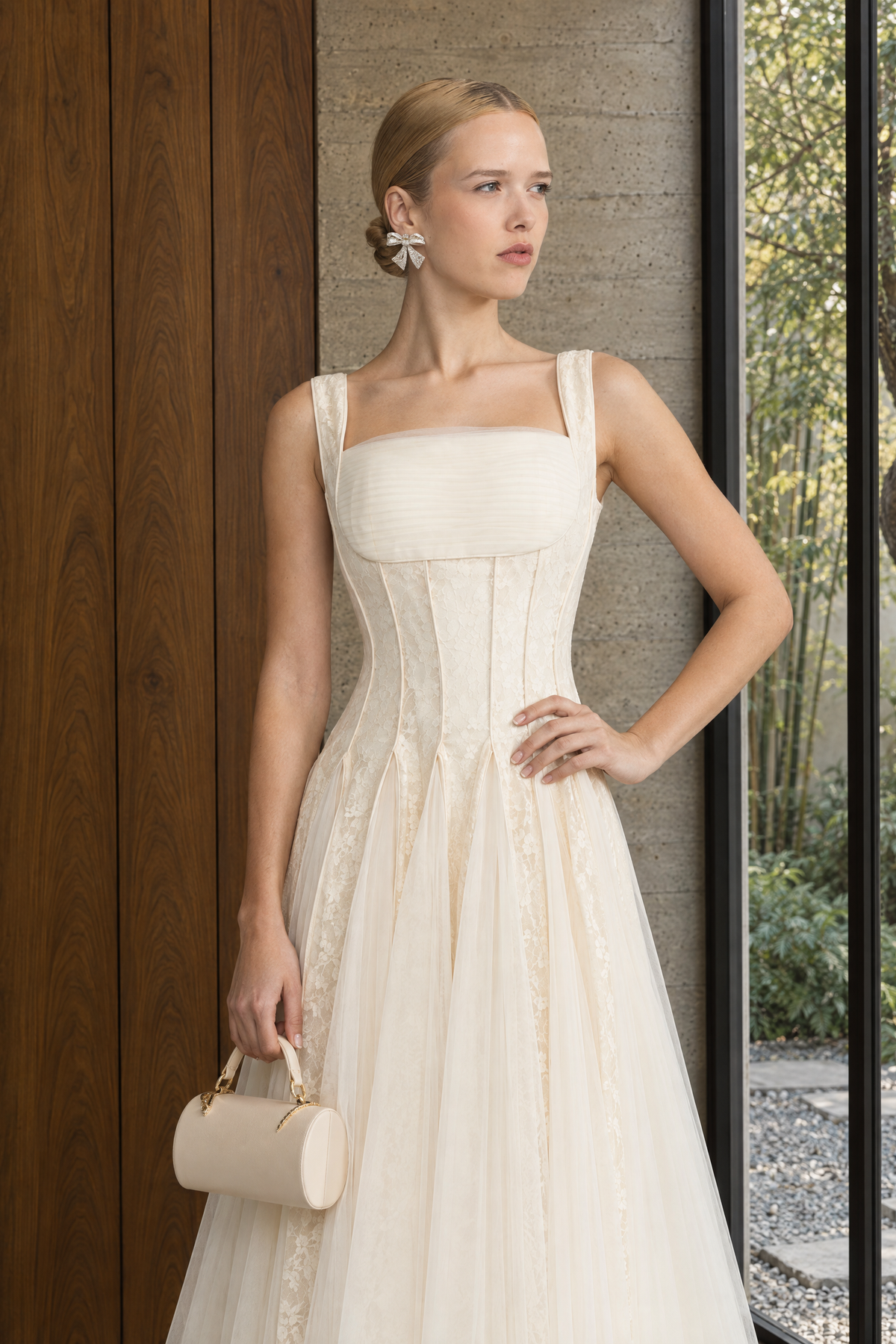 Lace Panel Corset Tulle Midi Dress - Ivoire
