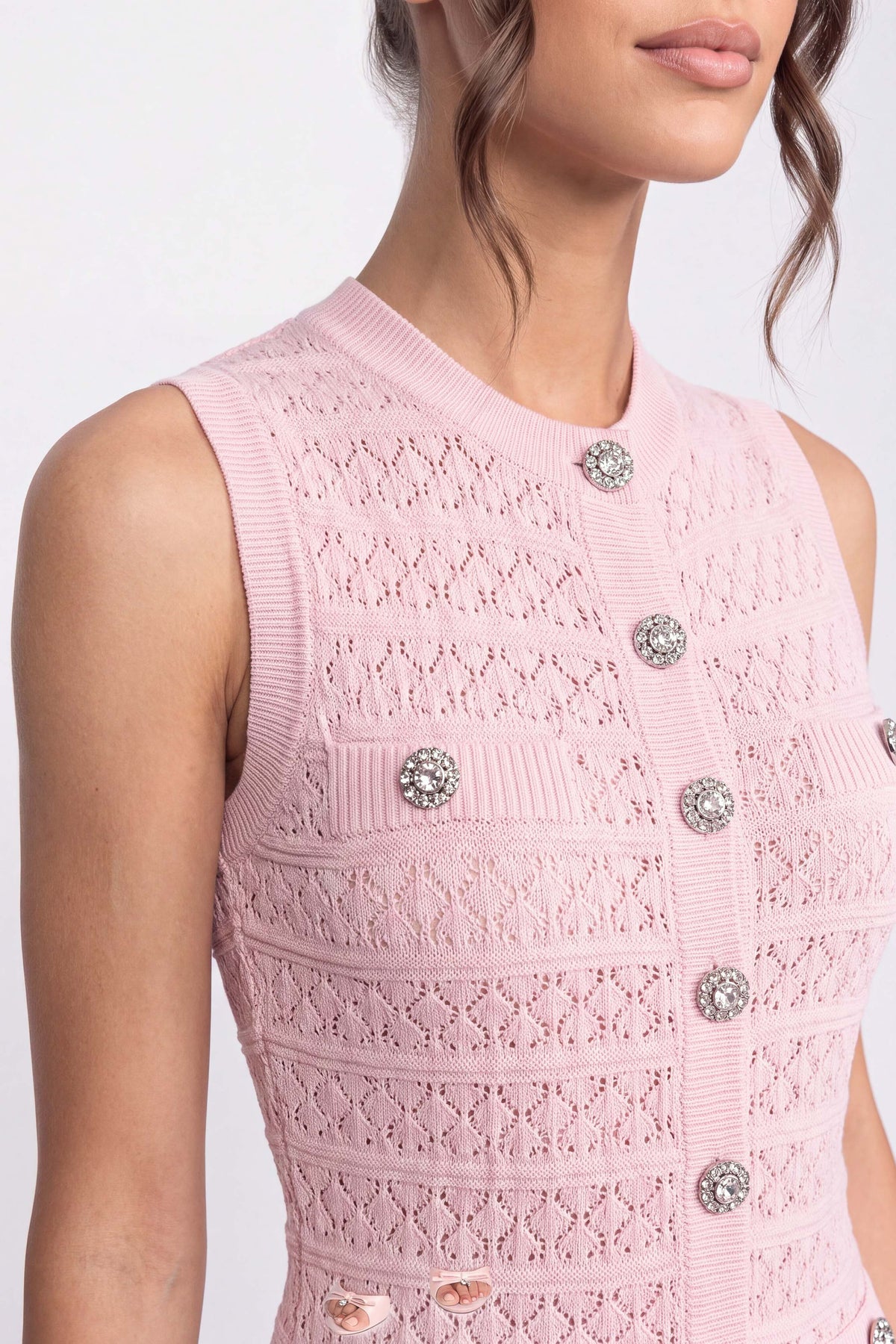 Abito Mini in Maglia con Bottoni Frontali e Scollo Rotondo - Rosa 
