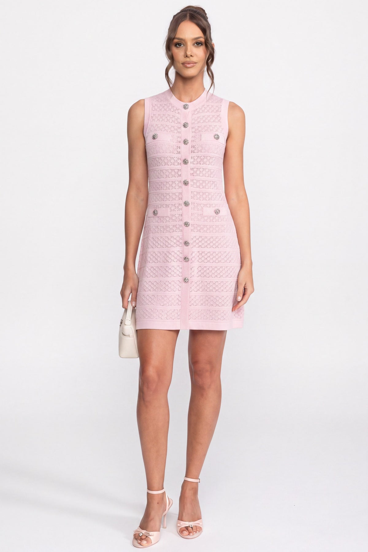 Abito Mini in Maglia con Bottoni Frontali e Scollo Rotondo - Rosa 