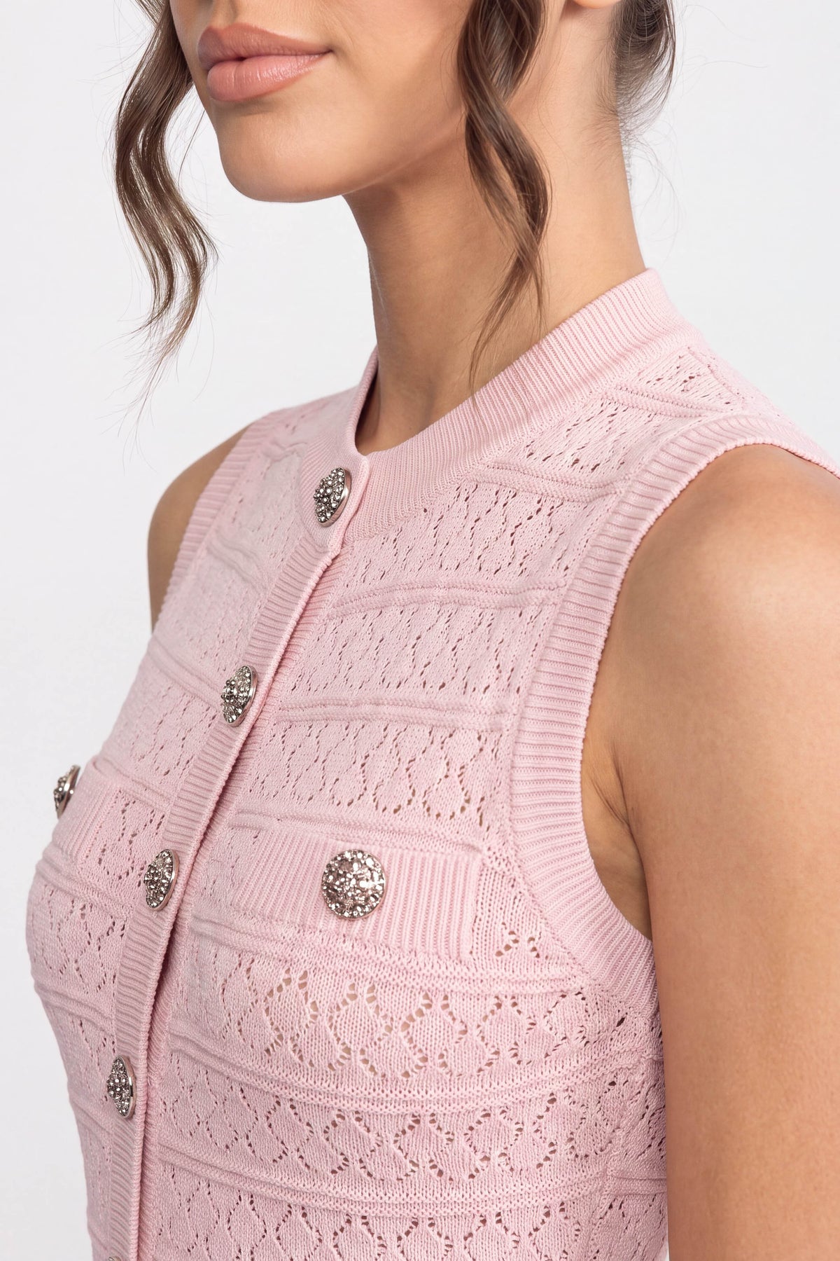 Abito Mini in Maglia con Bottoni Frontali e Scollo Rotondo - Rosa 