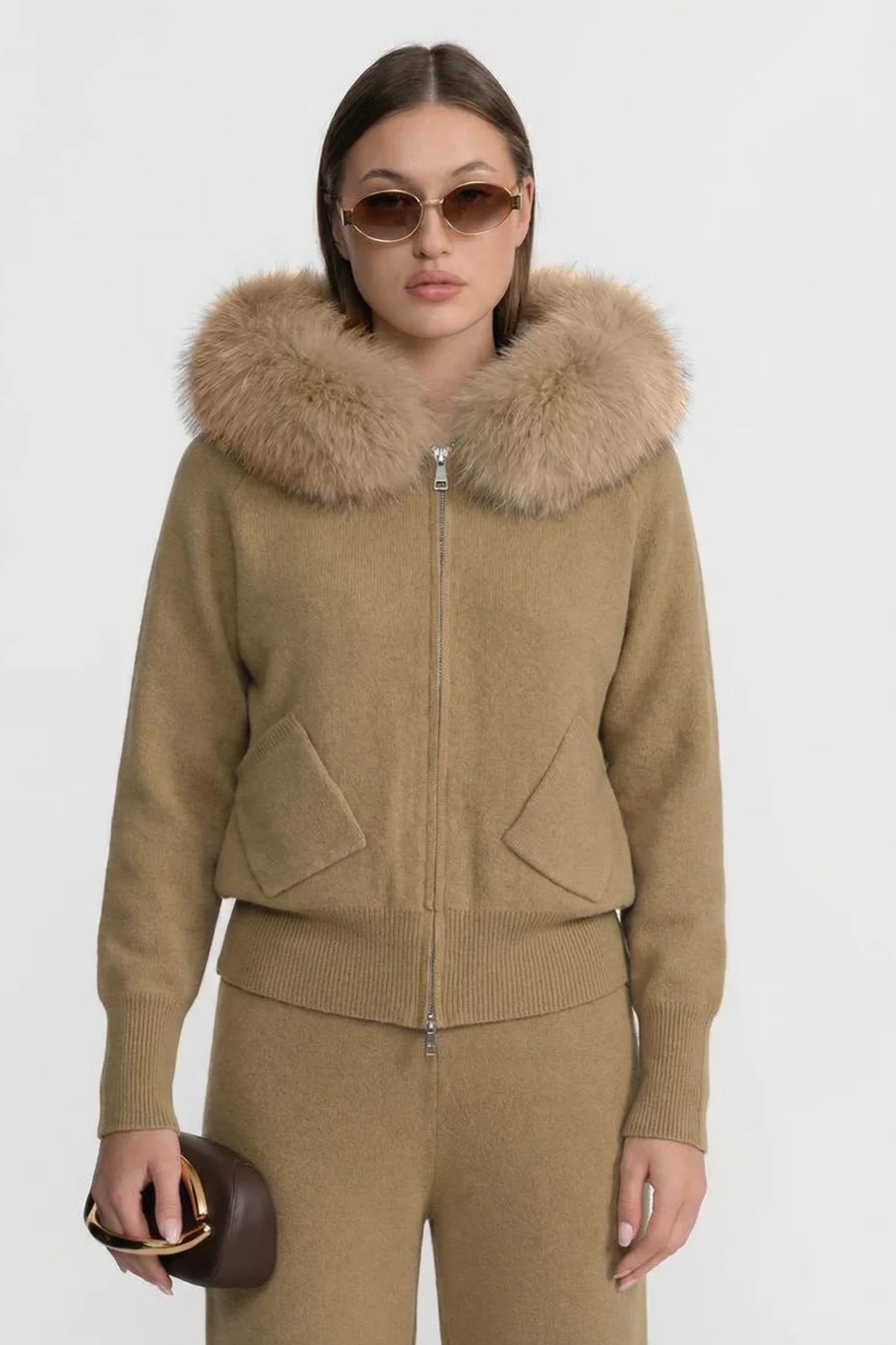 Zip-Up Wool Hoodie With Fox Fur Collar – Khaki