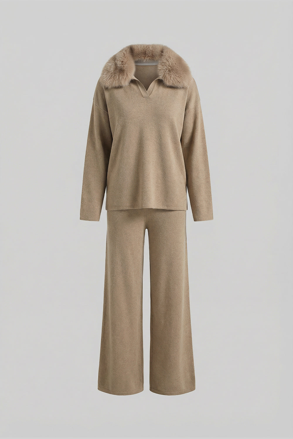 Completo coordinato Knit Lounge con colletto in pelliccia di volpe – Kaki 