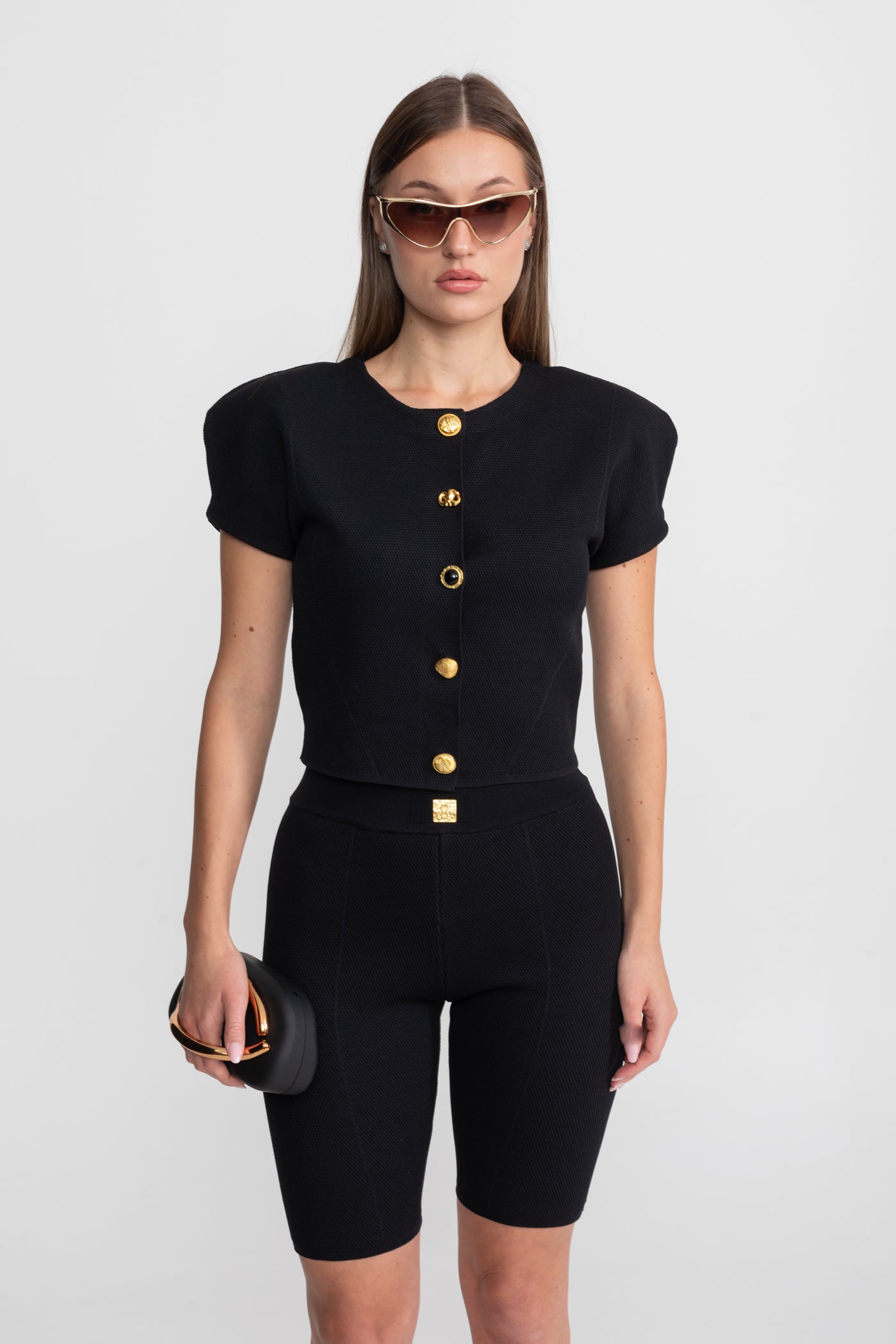 Textured Knit Co-ord Set With Structured Shoulders – Black