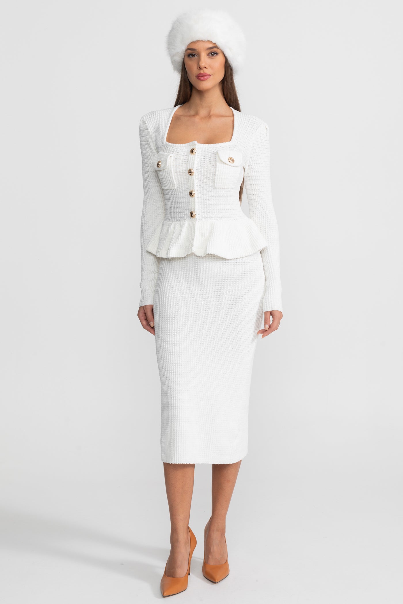 Textured Knit Dress with Peplum Waist and Gold Buttons - White