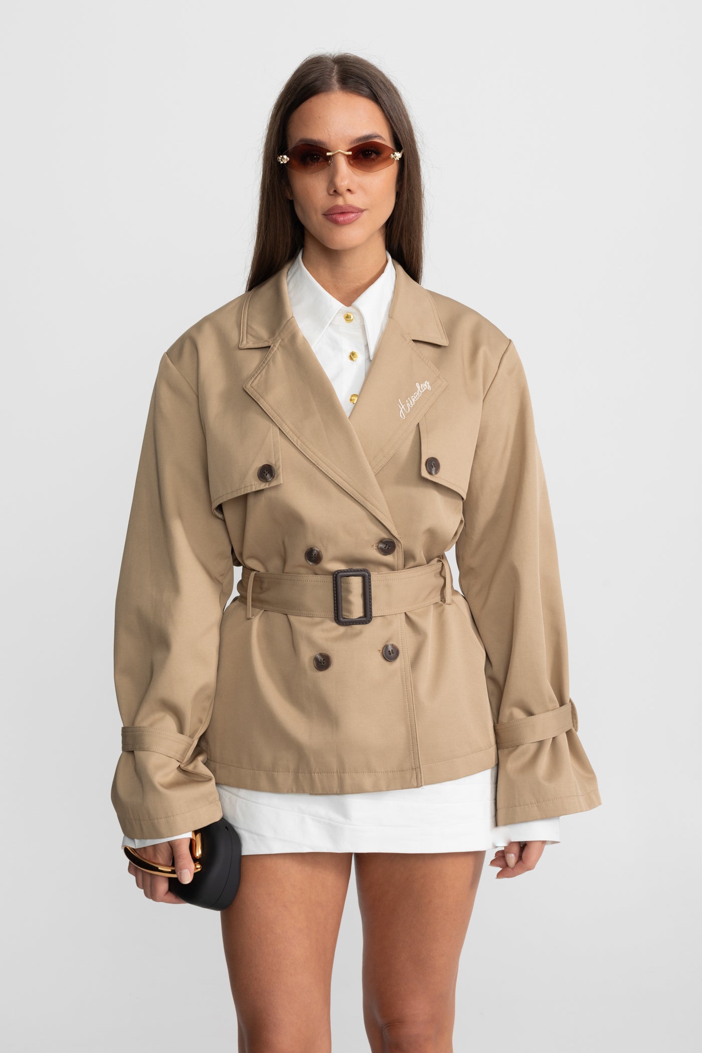 Cropped Double-Breasted Trench Jacket With Belted Waist – Camel