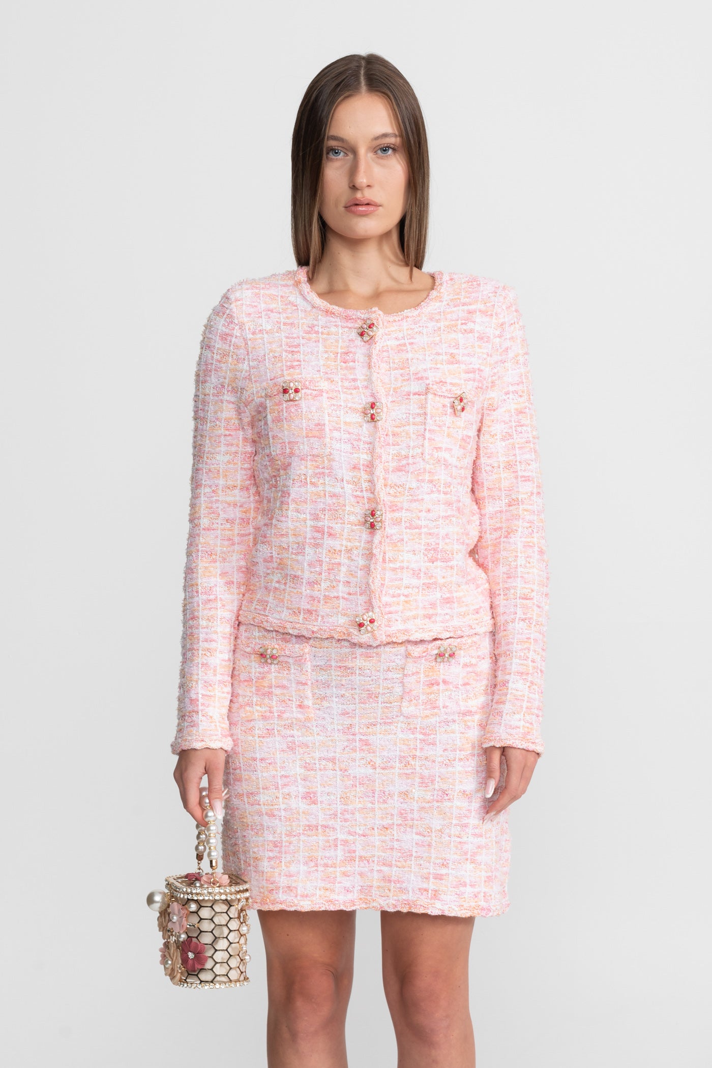 Tweed Co-Ord Set With Embellished Buttons – Blush Pink