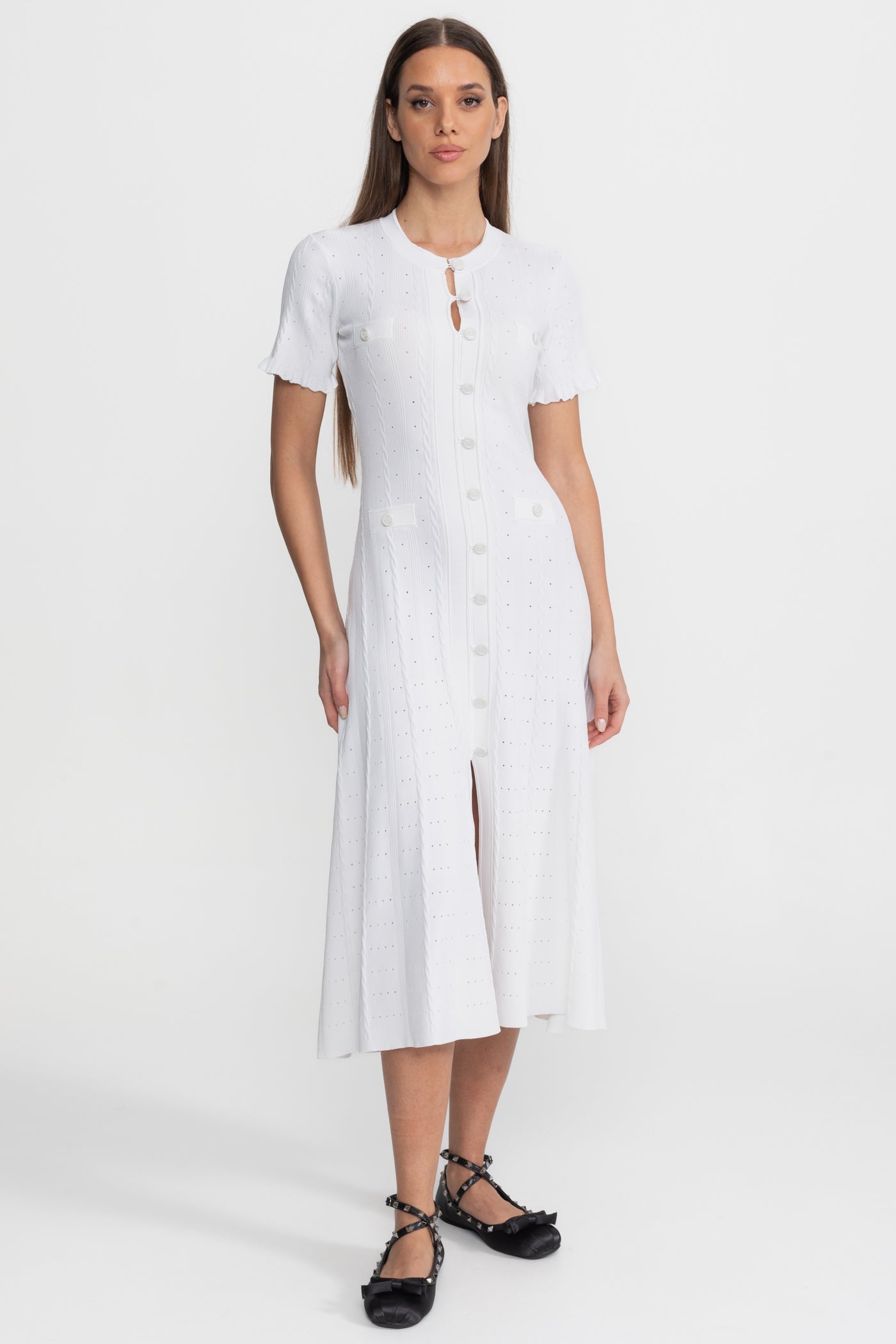 Knit Button-Front Midi Dress with Scalloped Sleeves – White