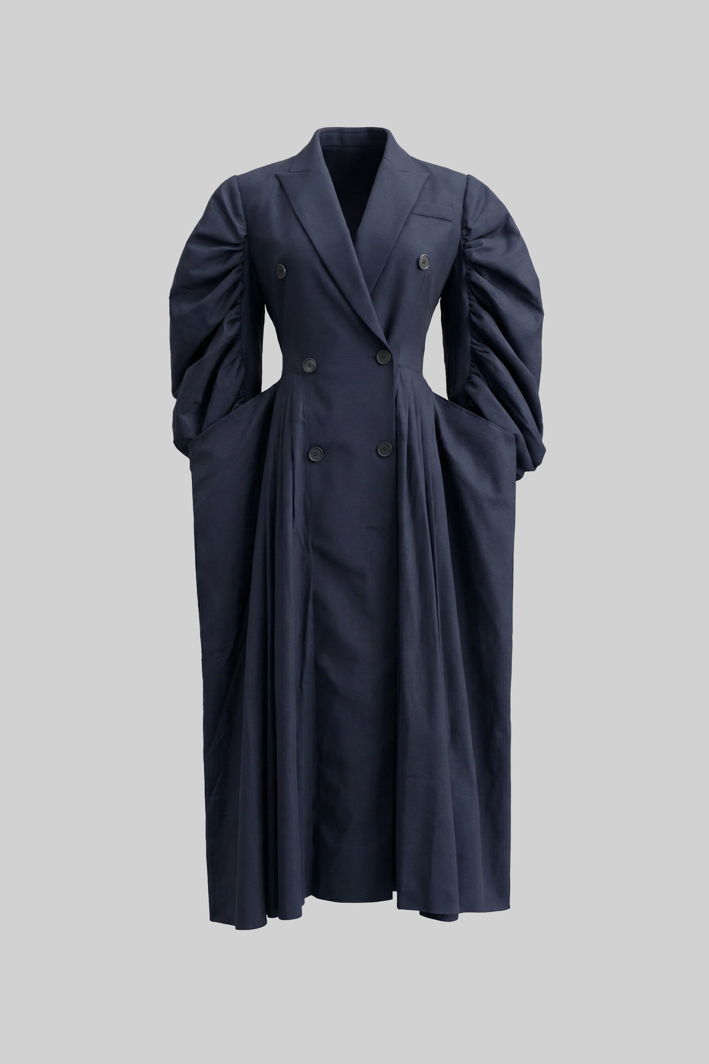 Abito Midi Doppiopetto con Maniche Voluminose Arricciate - Navy 