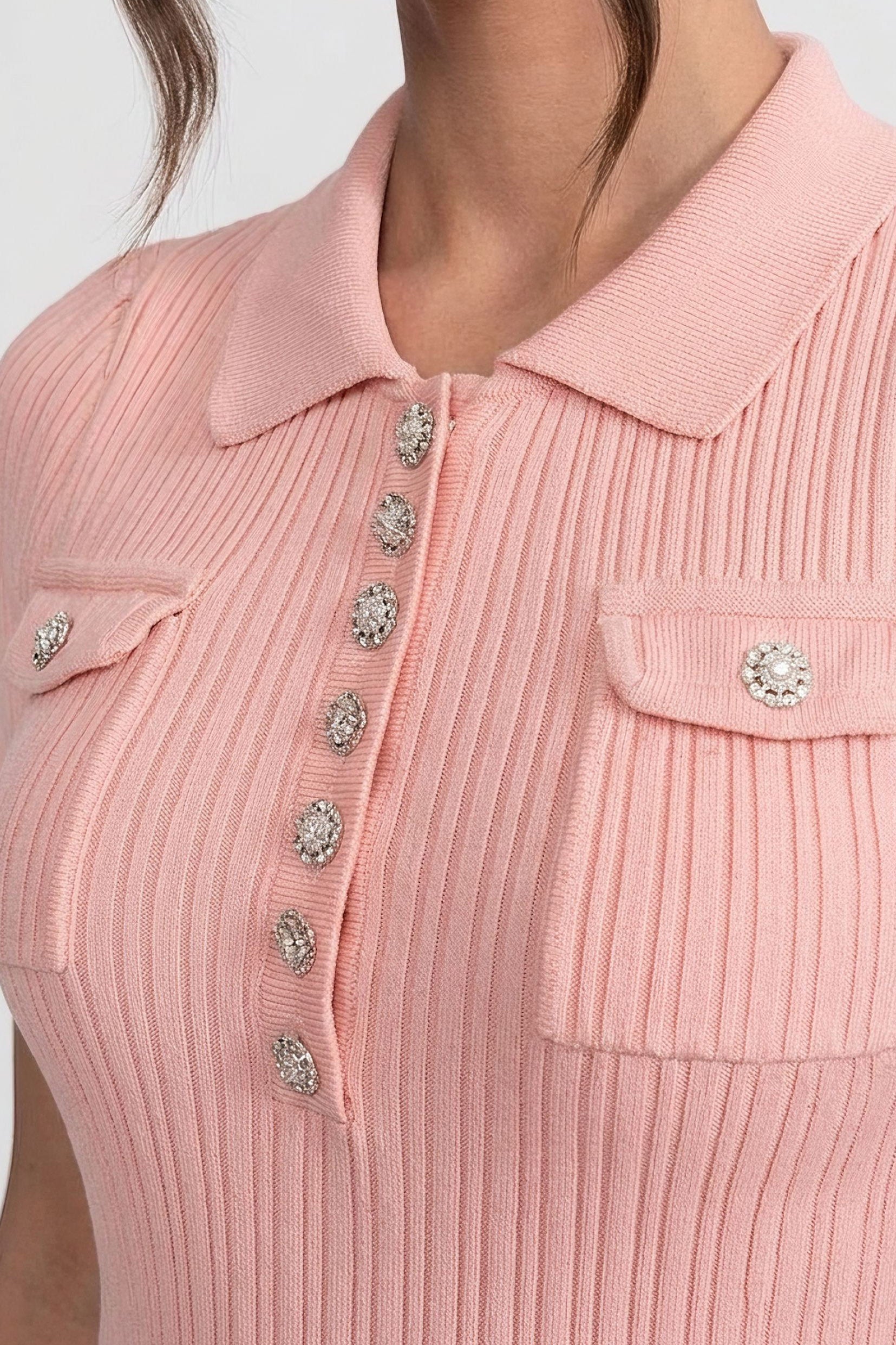 Ribbed Knit Button-Front Mini Dress - Peach