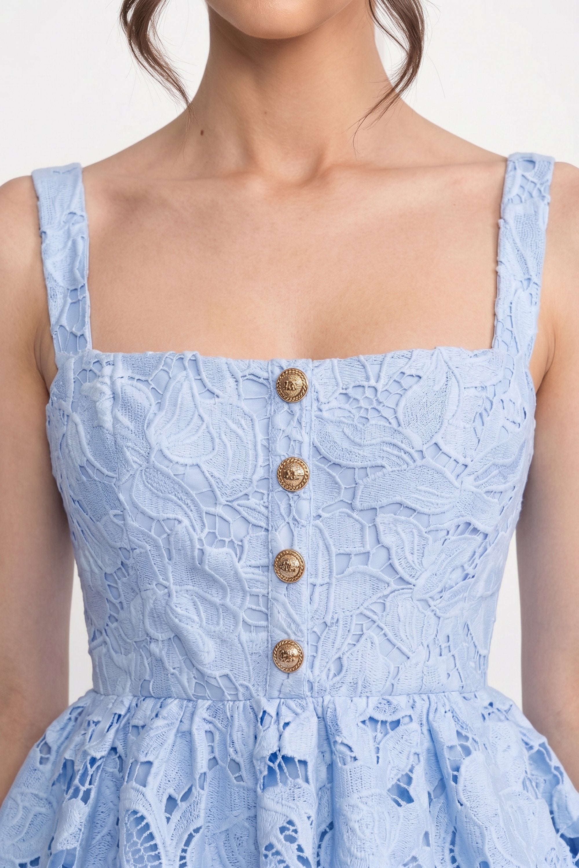 Sleeveless Lace Peplum Dress With Midi Skirt And Golden Buttons - Blue
