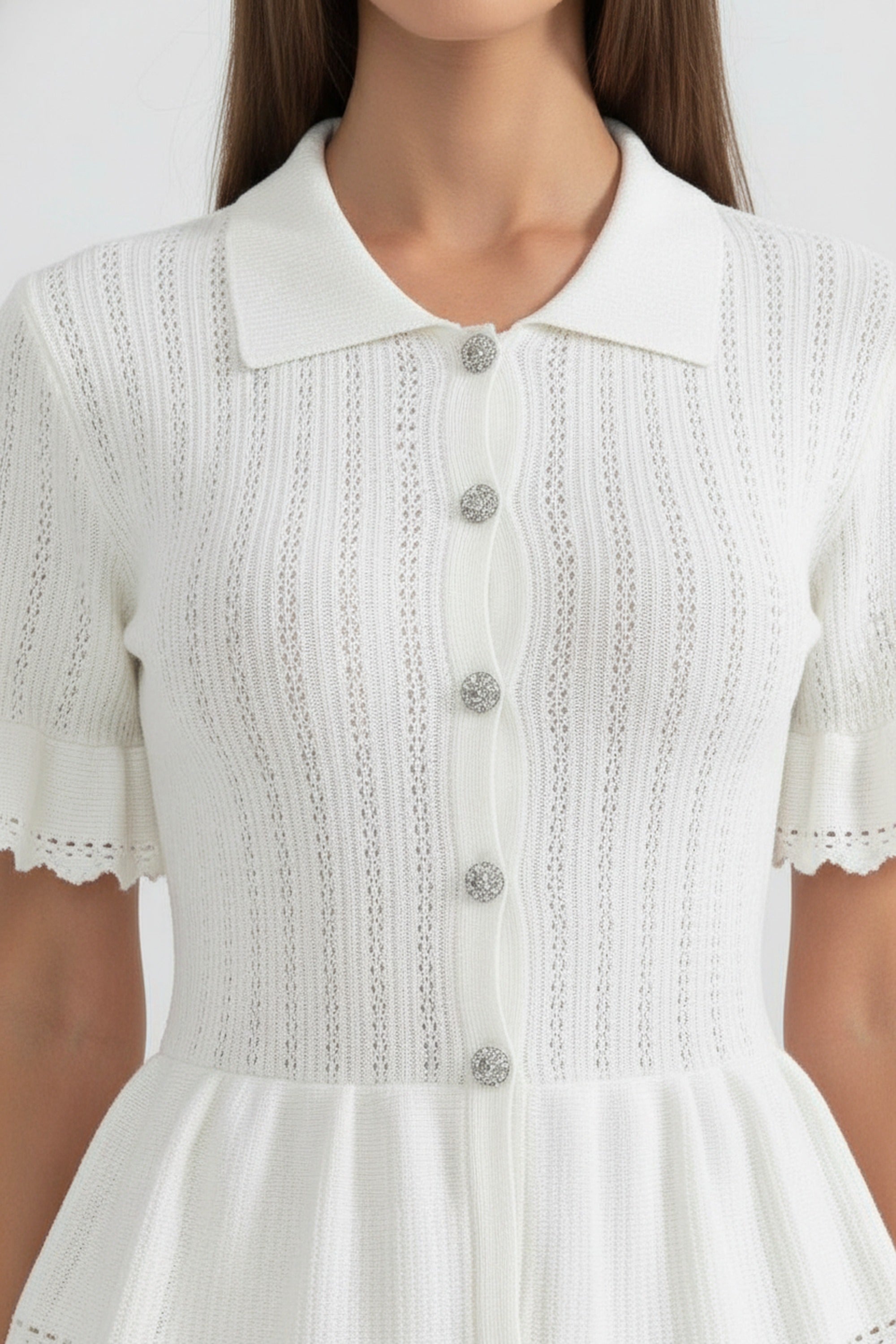 Abito Maxi Peplum in Maglia con Collo alla Peter Pan e Orlo in Pizzo - Bianco 