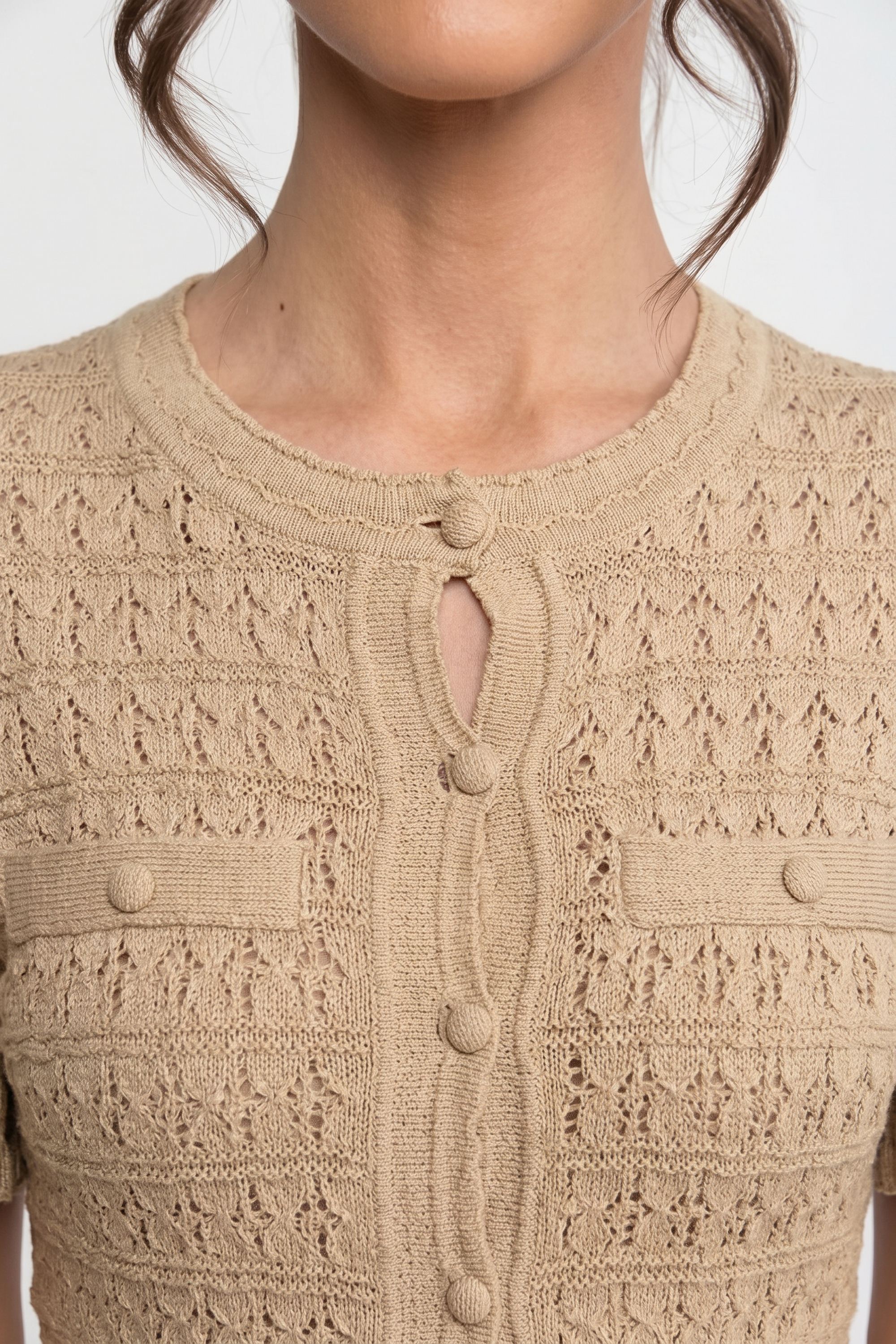 Abito midi a maniche corte con texture in maglia shimmer - Beige 