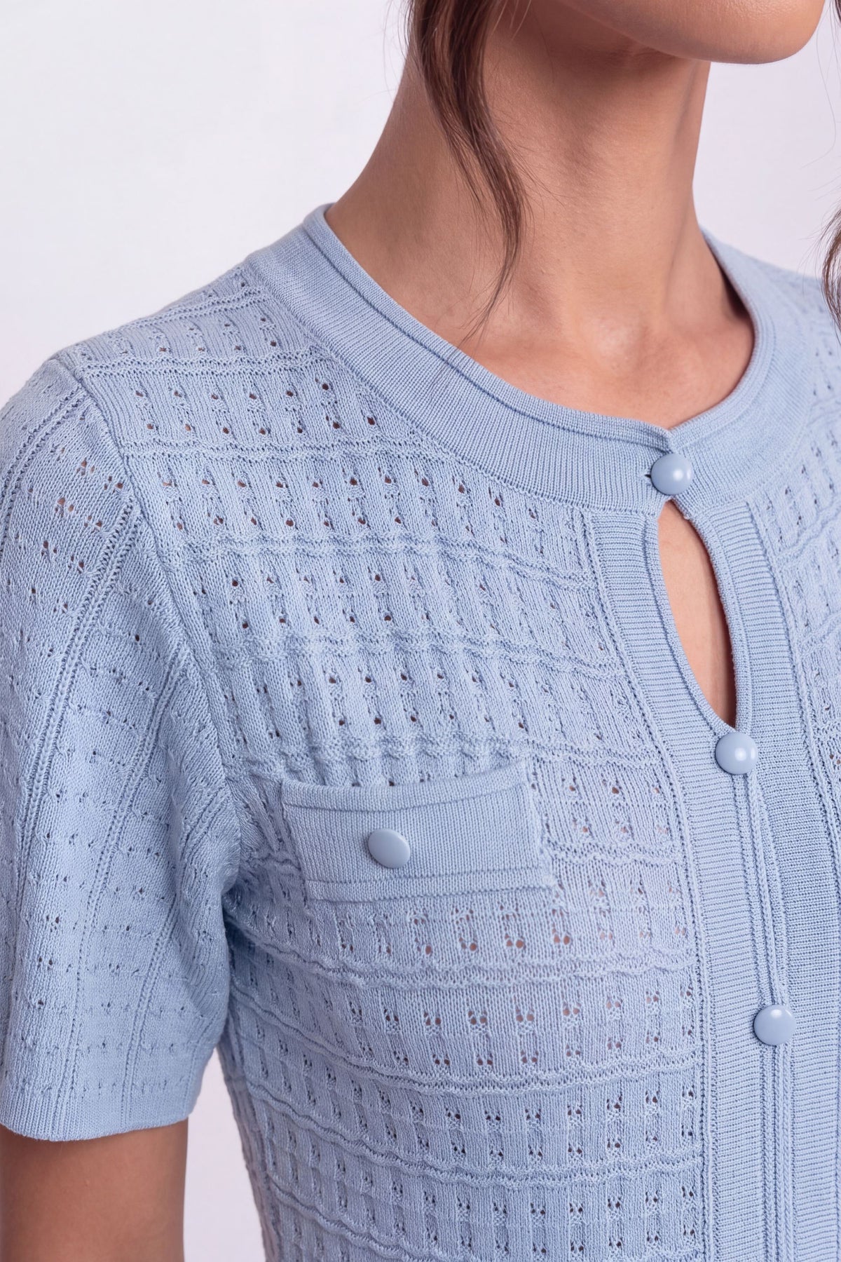 Abito Midi a Maniche Corte con Texture in Maglia Lucida - Light Blue 