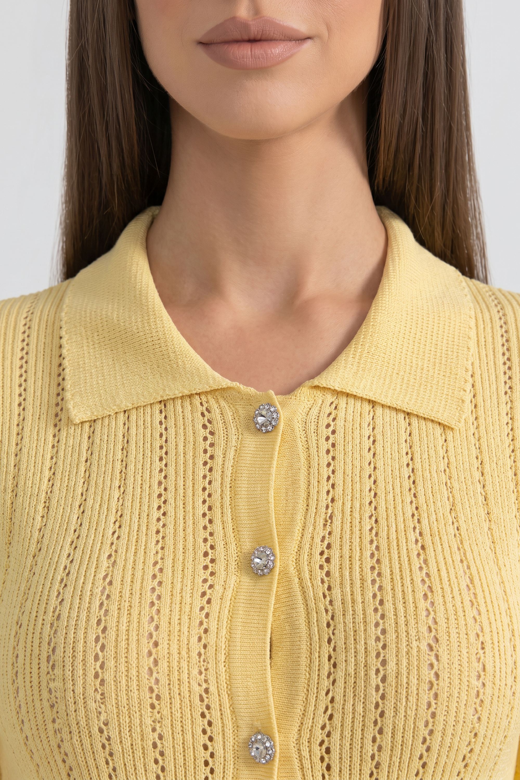 Abito Maxi in Maglia con Colletto Peter Pan e Peplum con Orlo in Pizzo - Giallo 