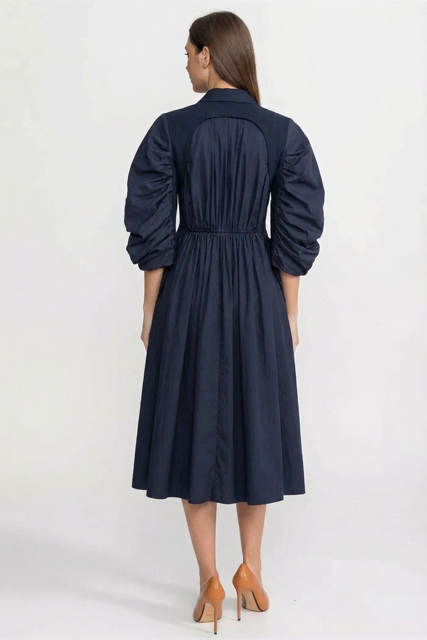 Abito Midi Doppiopetto con Maniche Voluminose Arricciate - Navy 